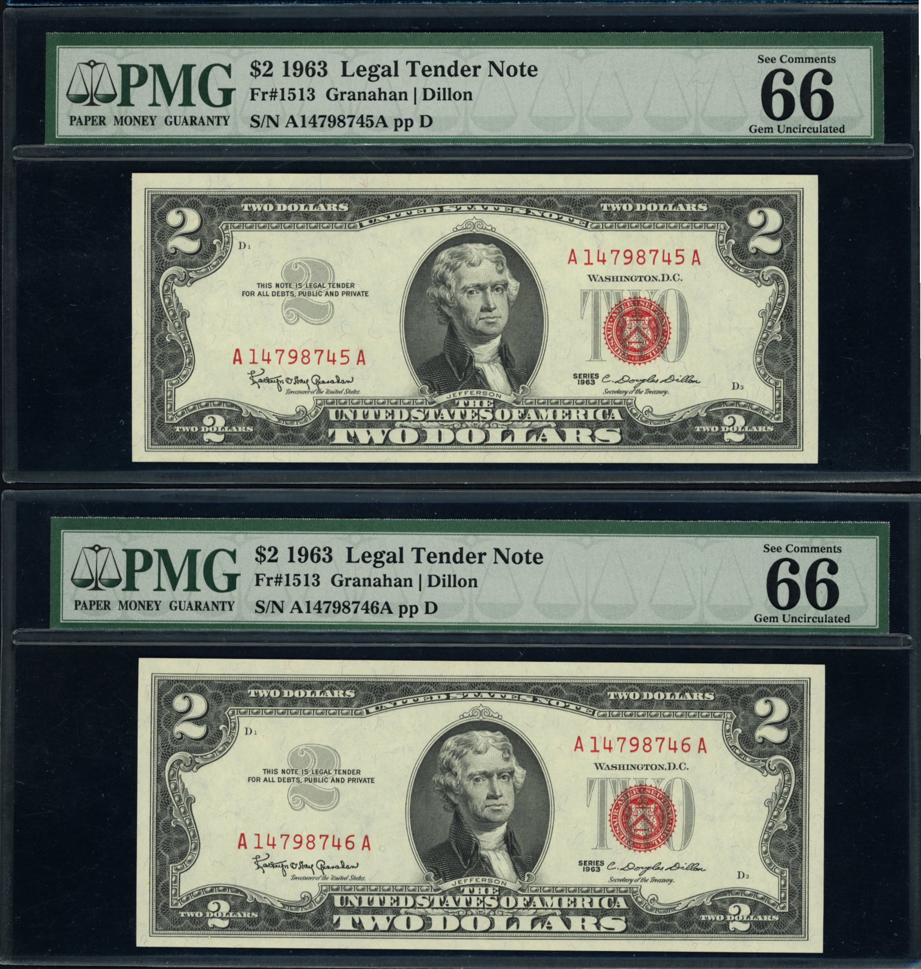 Fr. 1513 (AA Block) 1963 $2 Legal Tender Notes Sequential Serial Number ...