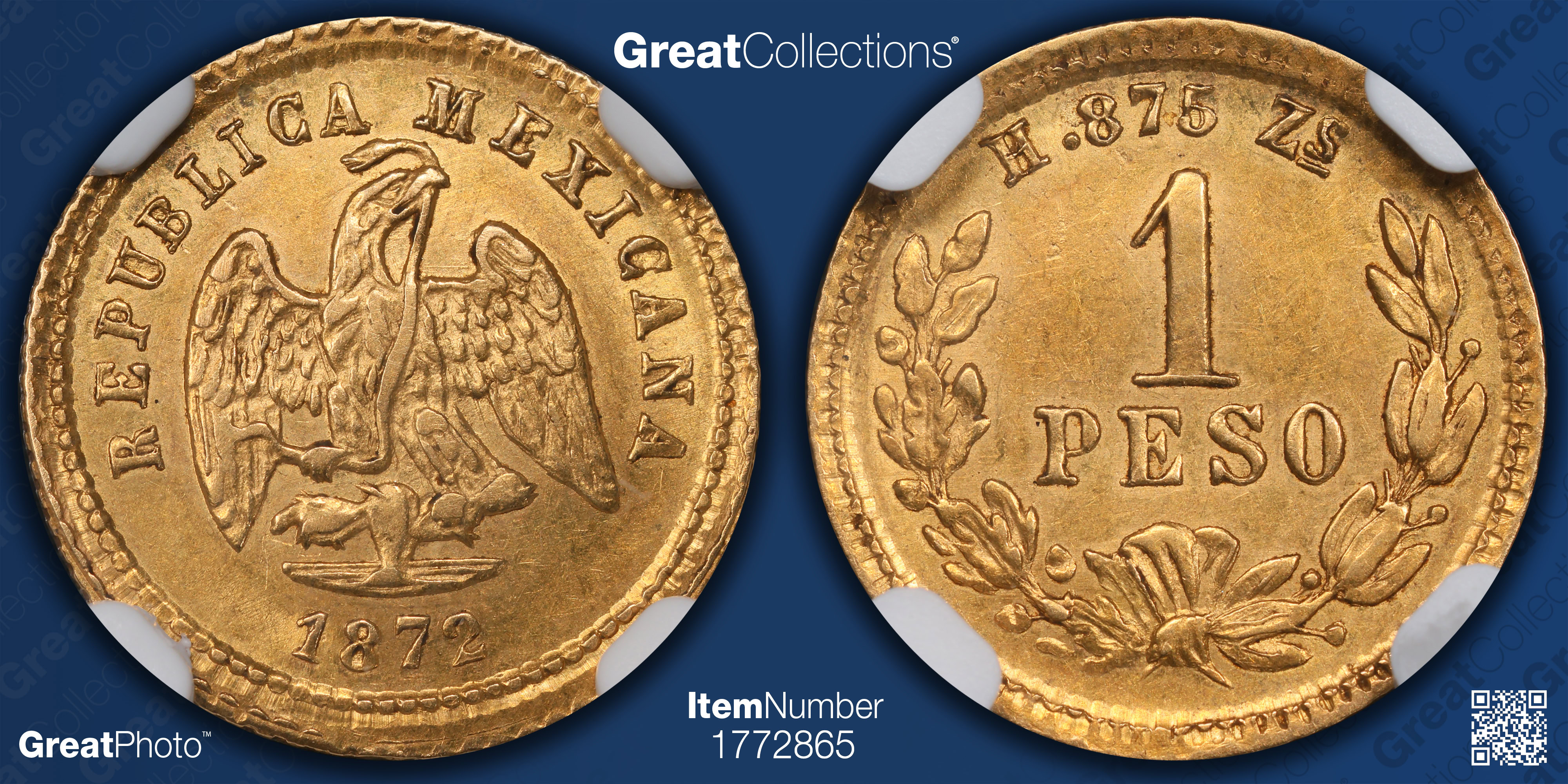 Mexico 1872-Zs H Gold Peso KM-410.6 NGC MS-61 (Ex: Foxlair