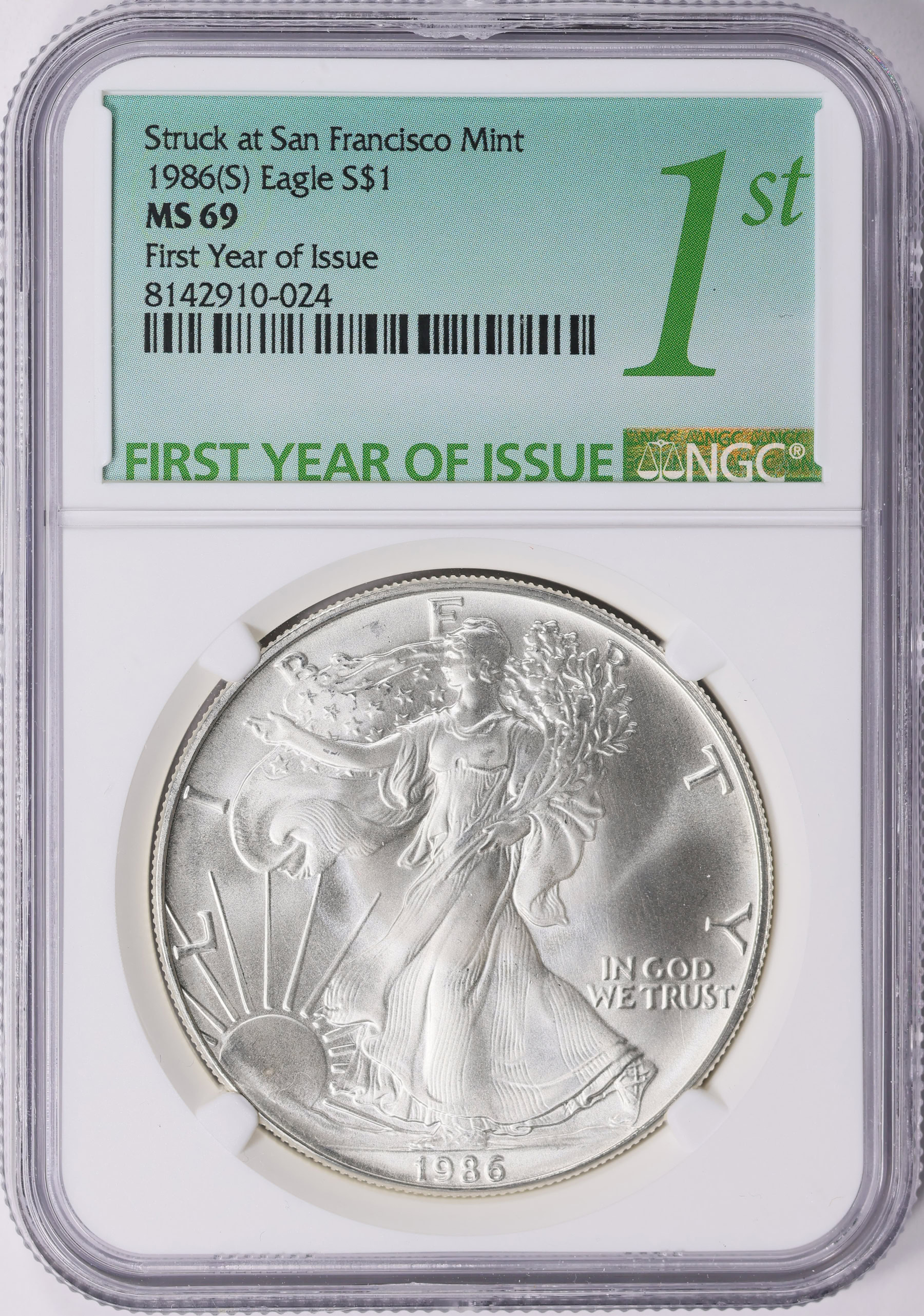 1986-(S) $1 Silver Eagle Struck at San Francisco NGC MS-69 (First Year ...