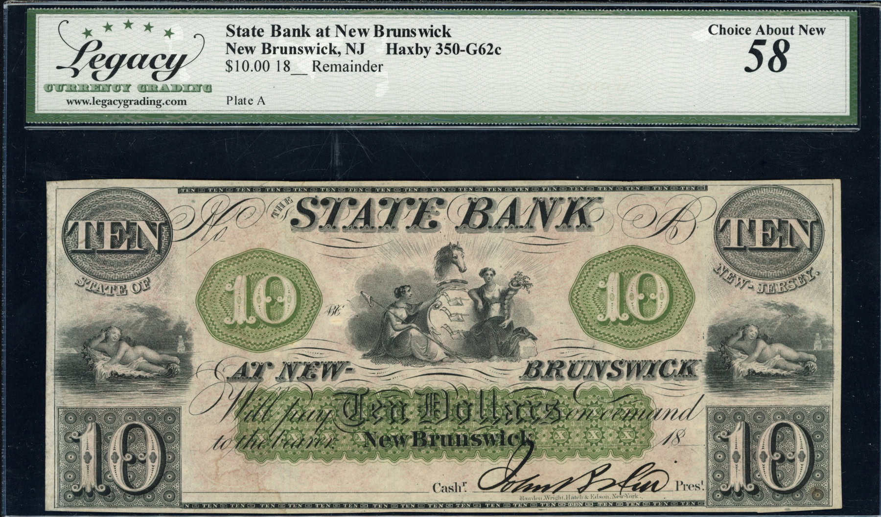 1860s New Brunswick, New Jersey State Bank at New Brunswick $10 ...