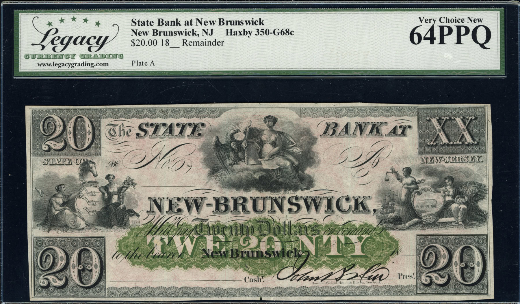 1860s New Brunswick, New Jersey State Bank at New Brunswick $20 ...