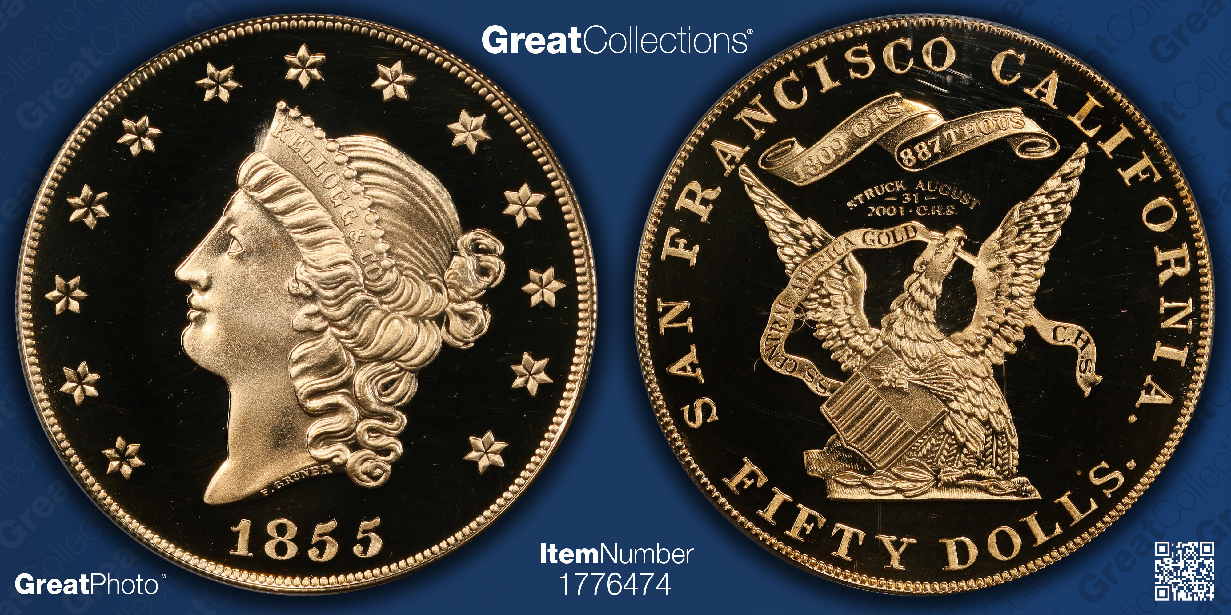 1855 Kellogg Gold $50 Commemorative Restrike Shipwreck S.S.