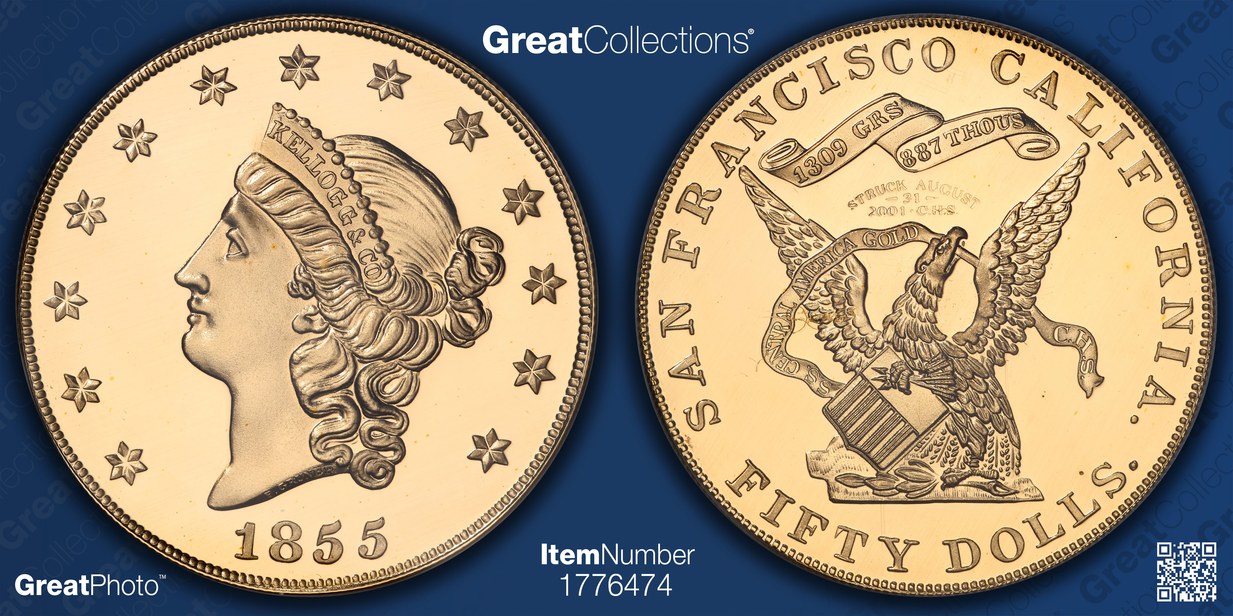 1855 Kellogg Gold $50 Commemorative Restrike Shipwreck S.S.