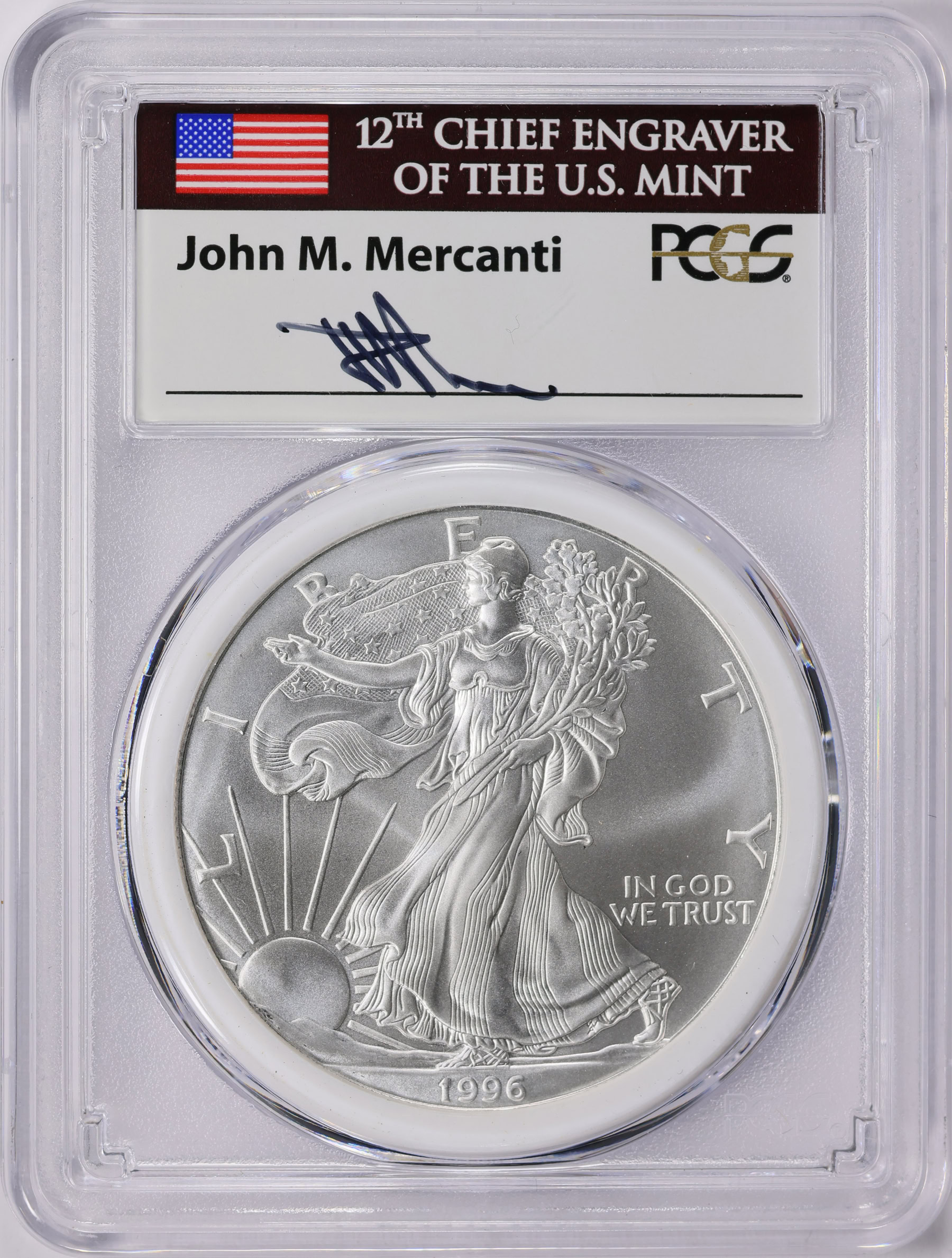 1996 $1 Silver Eagle Mint Engraver Series PCGS MS-70 (Mercanti