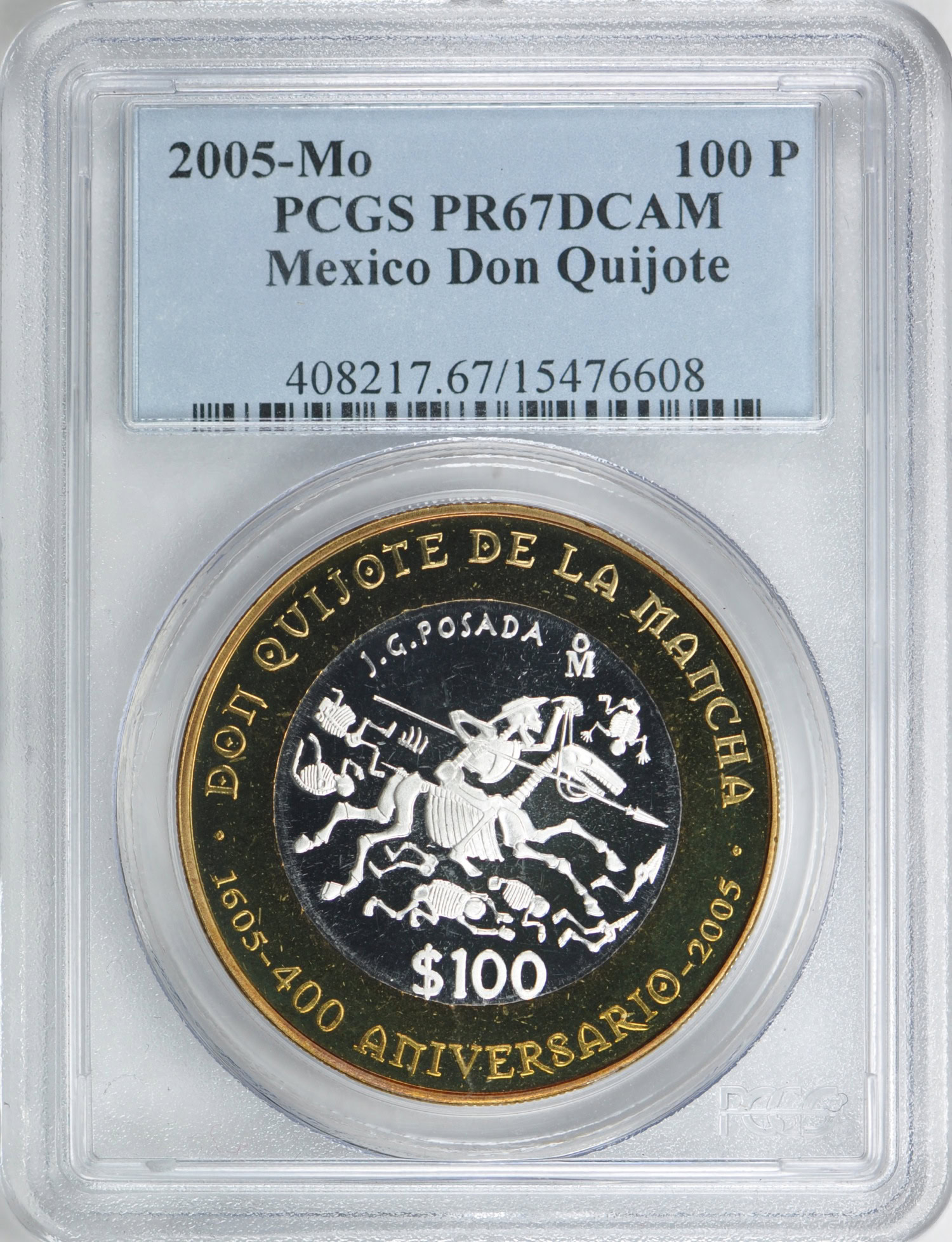 「ドン・キホーテ・デ・ラ・マンチャ」記念 メキシコ造幣局発行 2005年 Mexico 2005-Mo Bi-Metallic 100 Pesos Don Quijote PCGS Proof-67