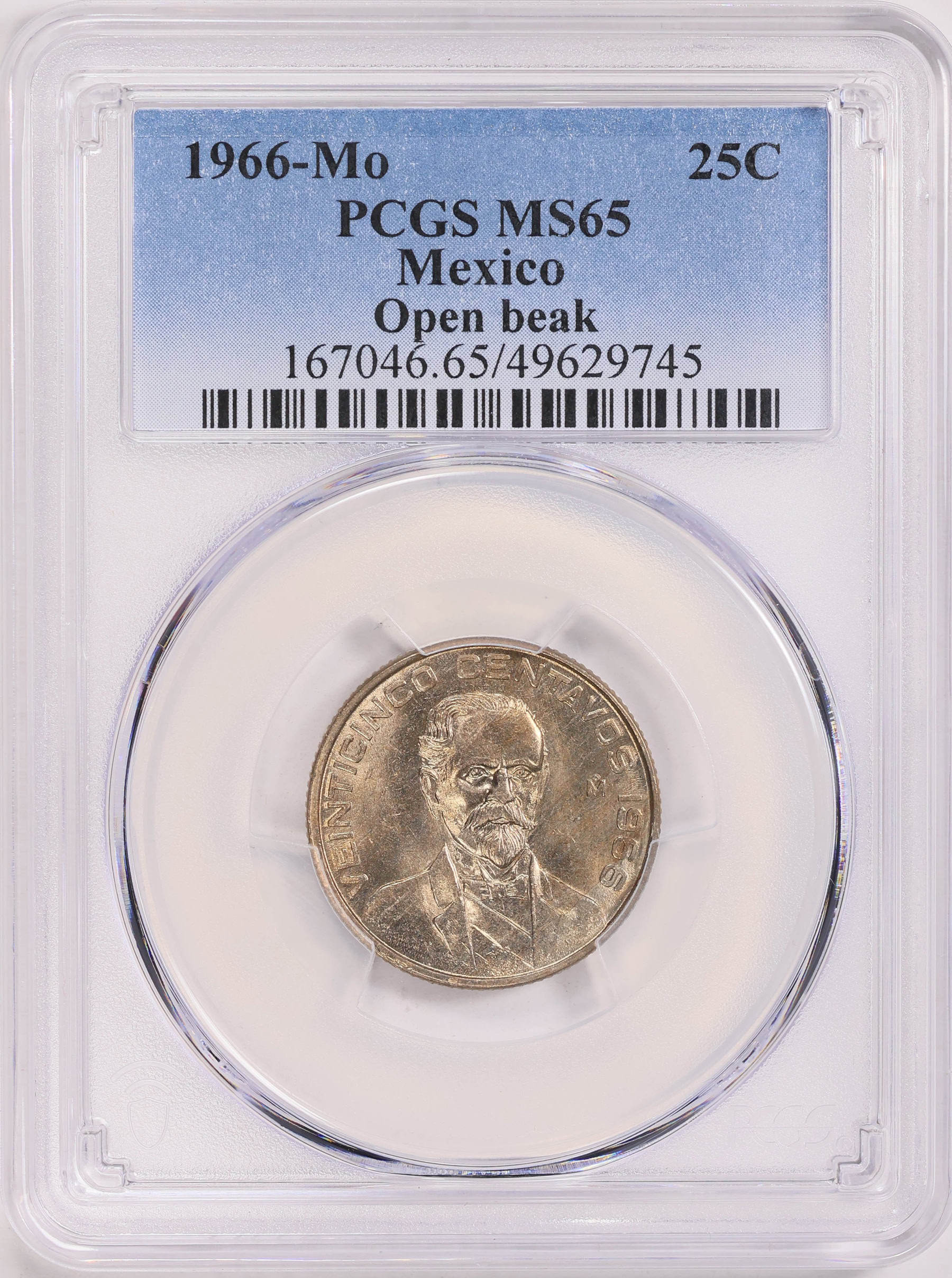 Mexico 1966-Mo 25 Centavos Open Beak KM-444 PCGS MS-65 (Item