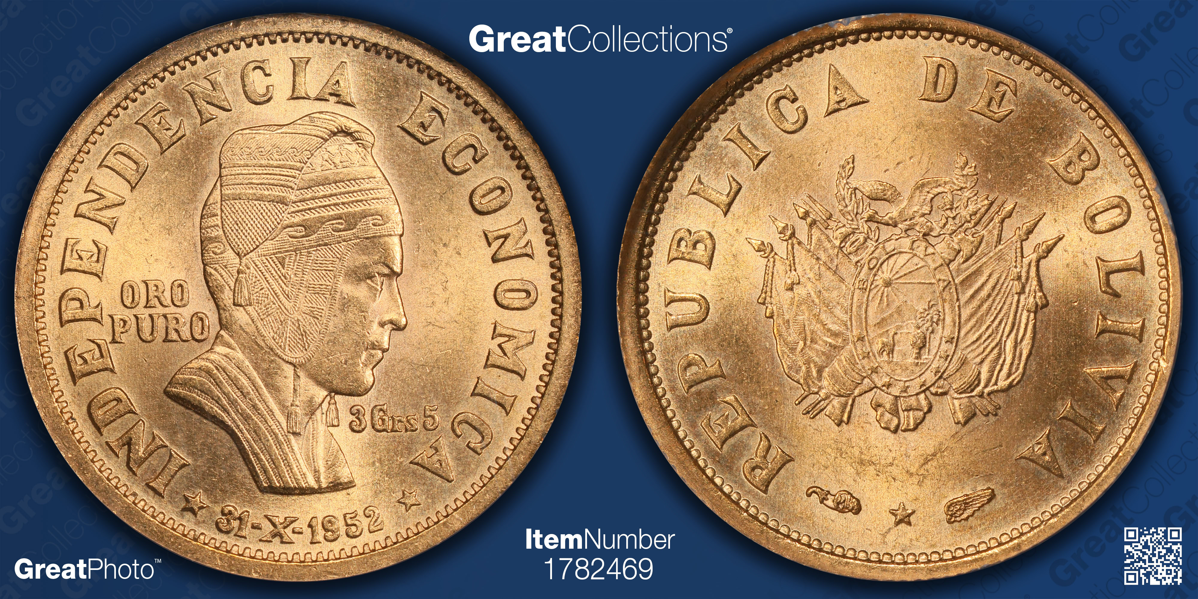 Bolivia 1952 Gold 3 1/2 Gramos (5 Bolivianos) Revolution Commemorative ...