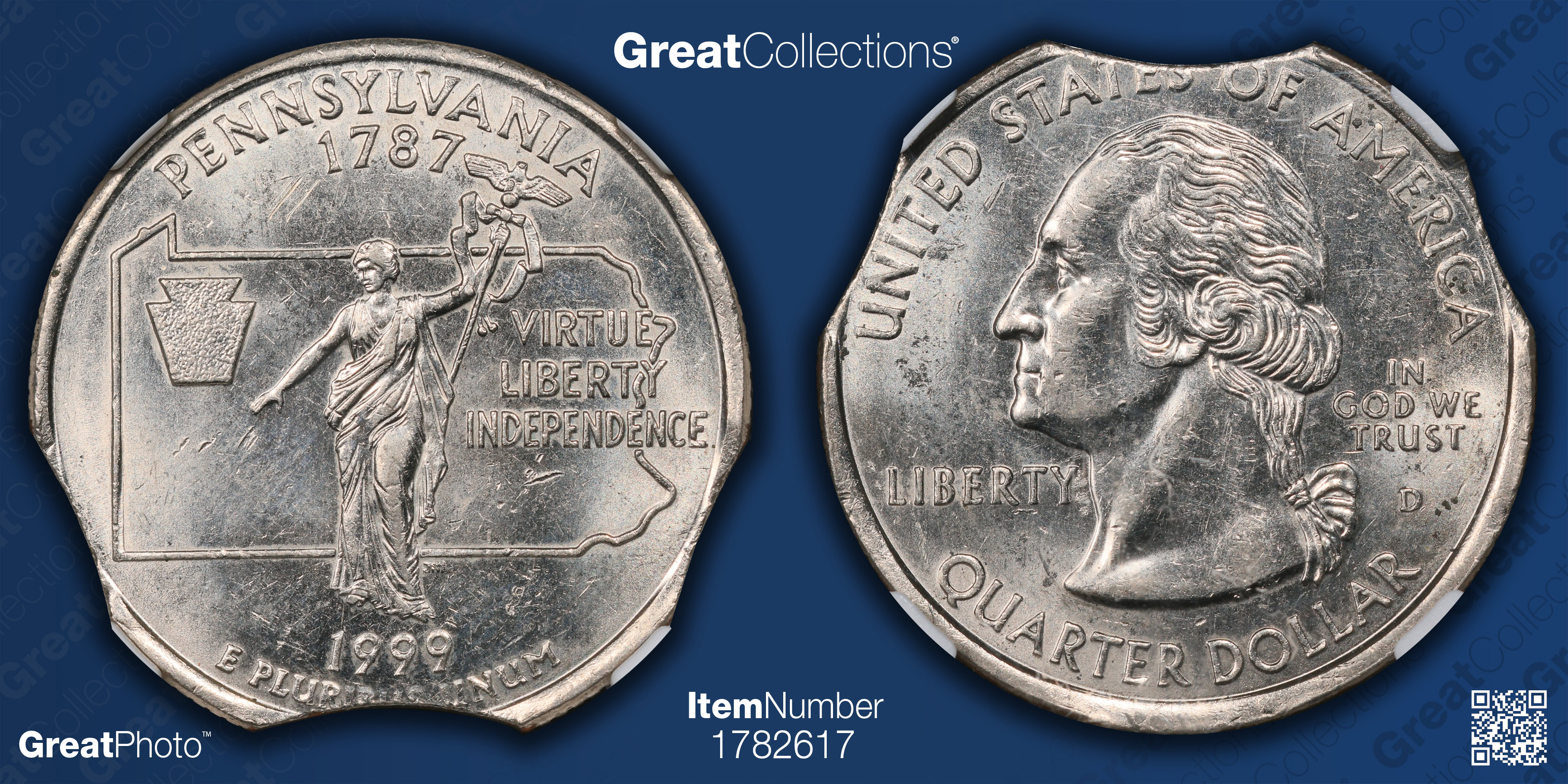 Mint Error 1999-D Pennsylvania State Quarter Triple Curved Clips NGC AU ...