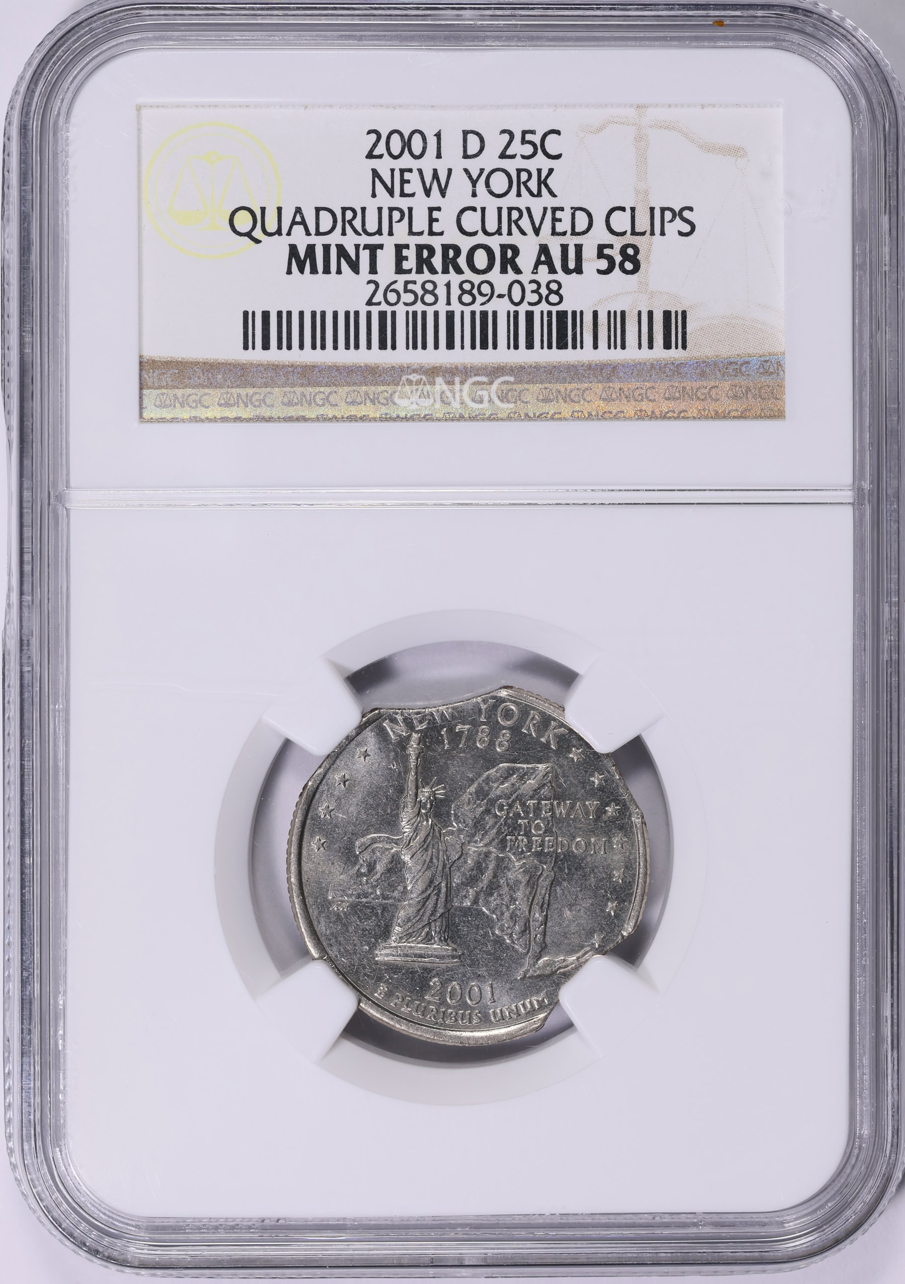 Mint Error 2001D New York State Quarter Quadruple Curved Clips NGC AU