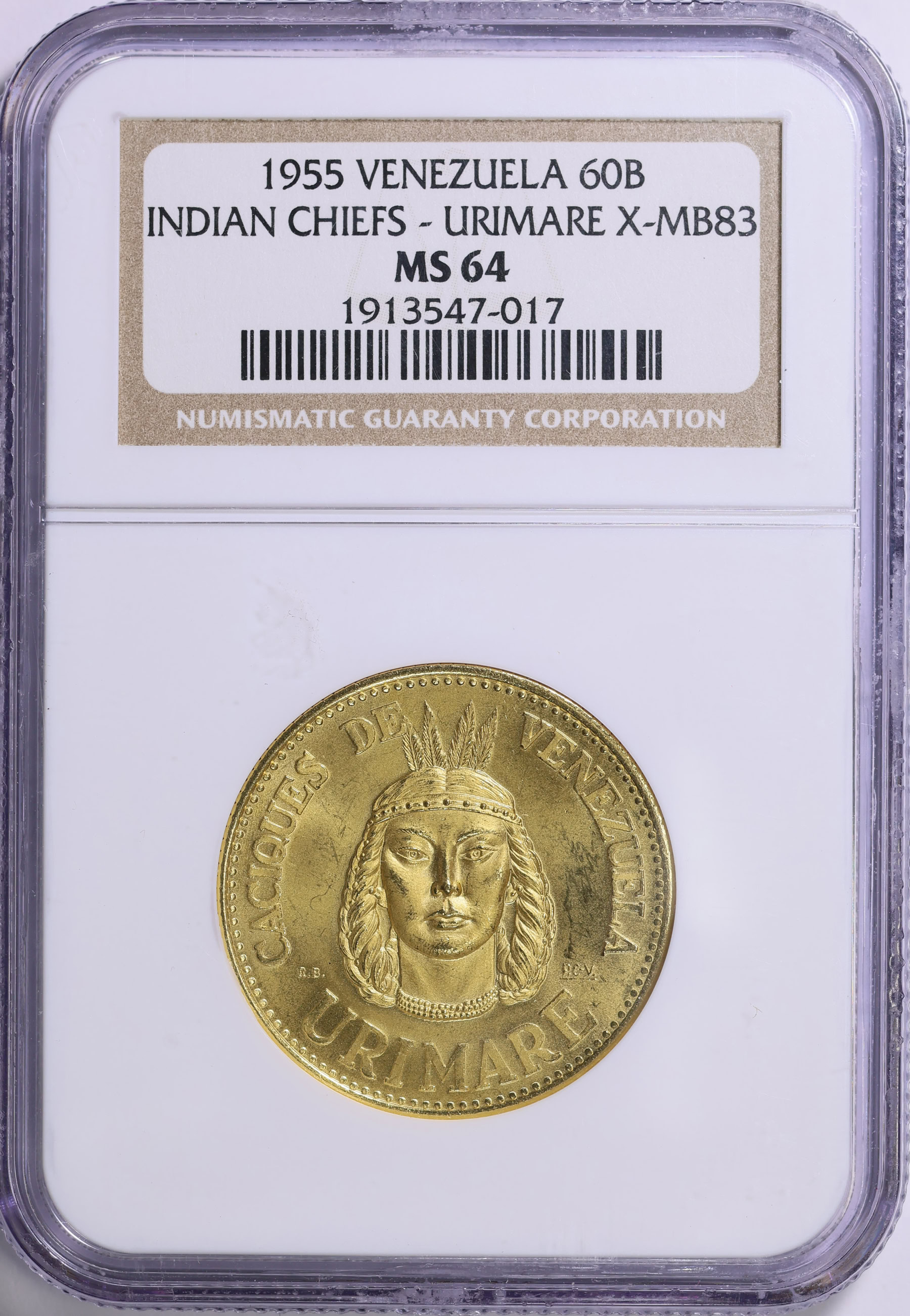 Venezuela 1955 Gold 60 Bolivares Urimare KM-XMB83 NGC MS-64 (AGW