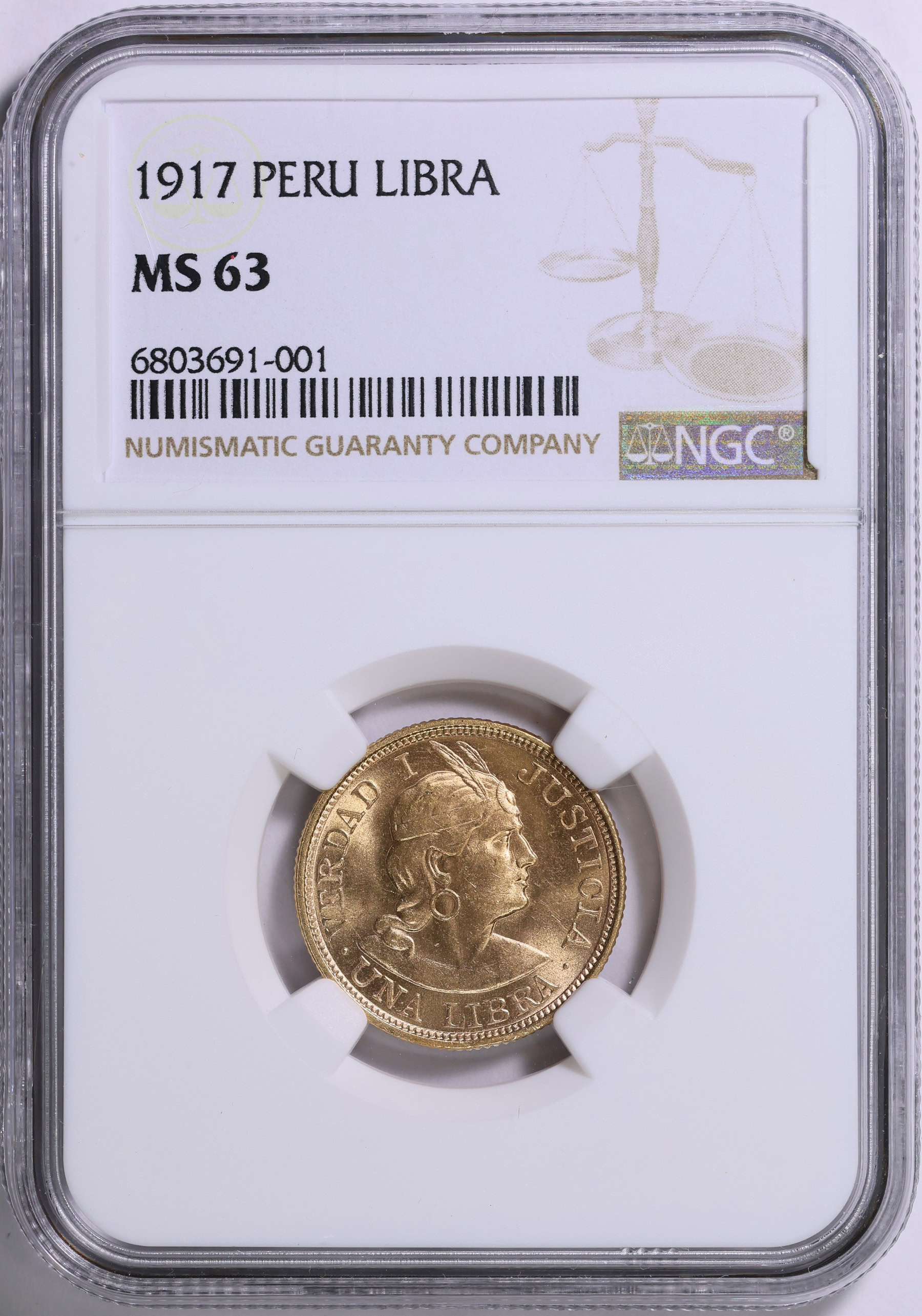 Peru 1917 Gold Libra KM-207 NGC MS-63 (AGW = 0.2355 oz.) | NGC