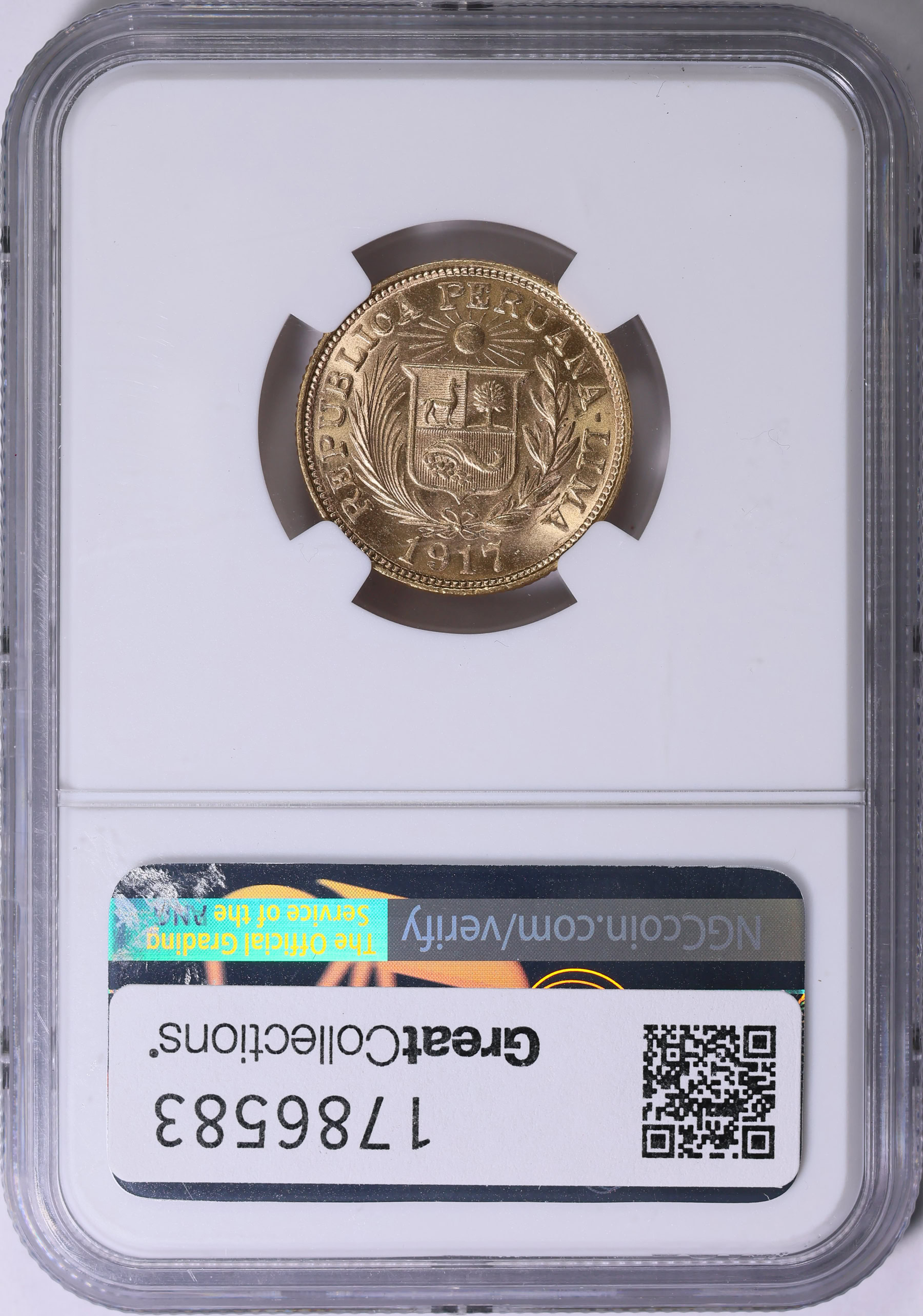 Peru 1917 Gold Libra KM-207 NGC MS-63 (AGW = 0.2355 oz.) | NGC