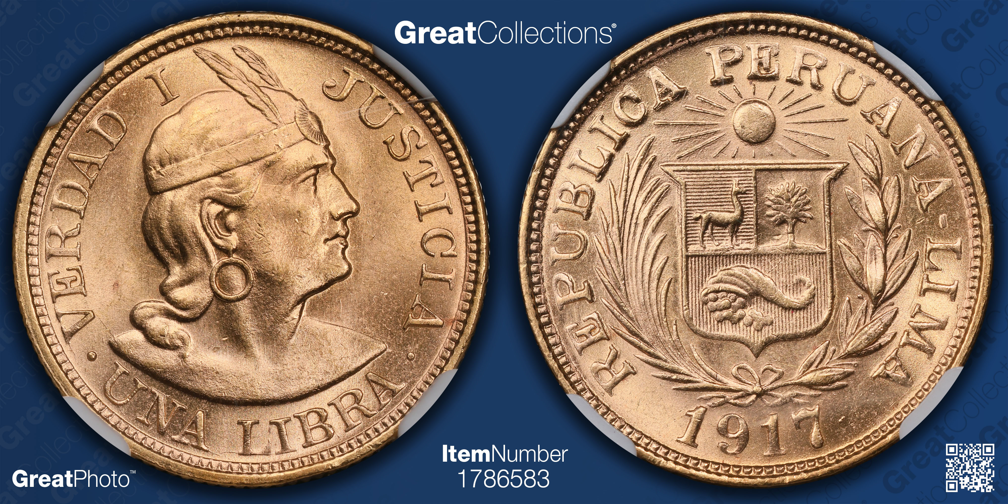 Peru 1917 Gold Libra KM-207 NGC MS-63 (AGW = 0.2355 oz.) | NGC