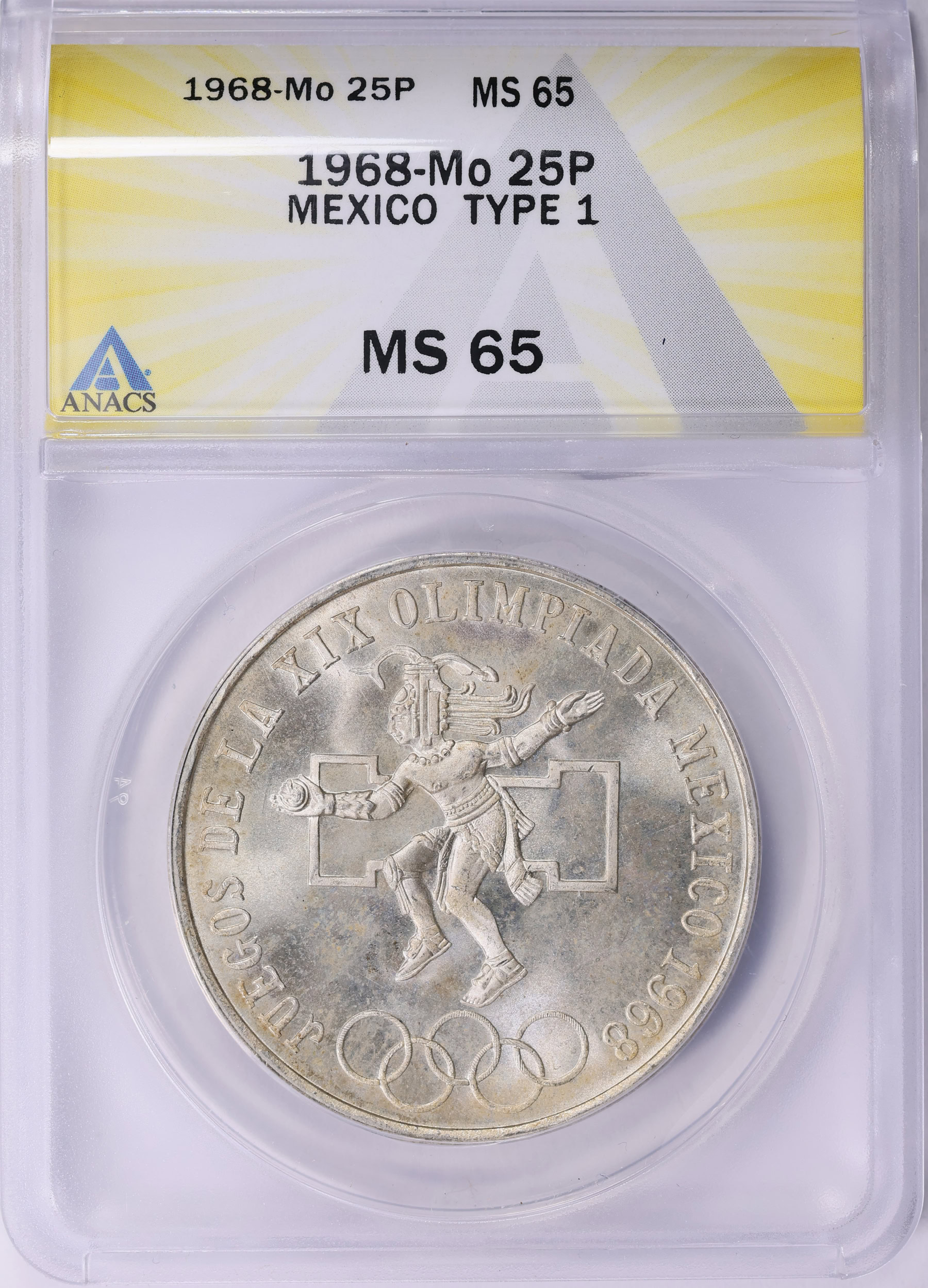 Mexico 1968-Mo Silver 25 Pesos Olympics Type 1 KM-479.1 ANACS MS