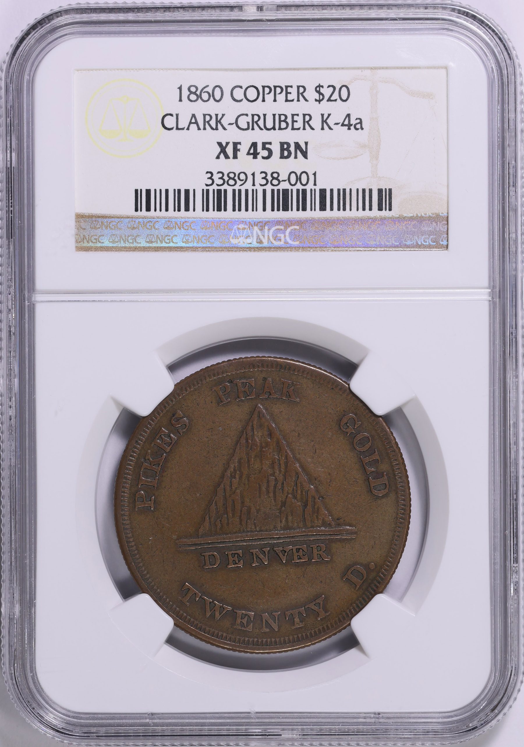 1860 $20 Clark, Gruber & Co. Copper Pattern K-4a NGC XF-45 BN