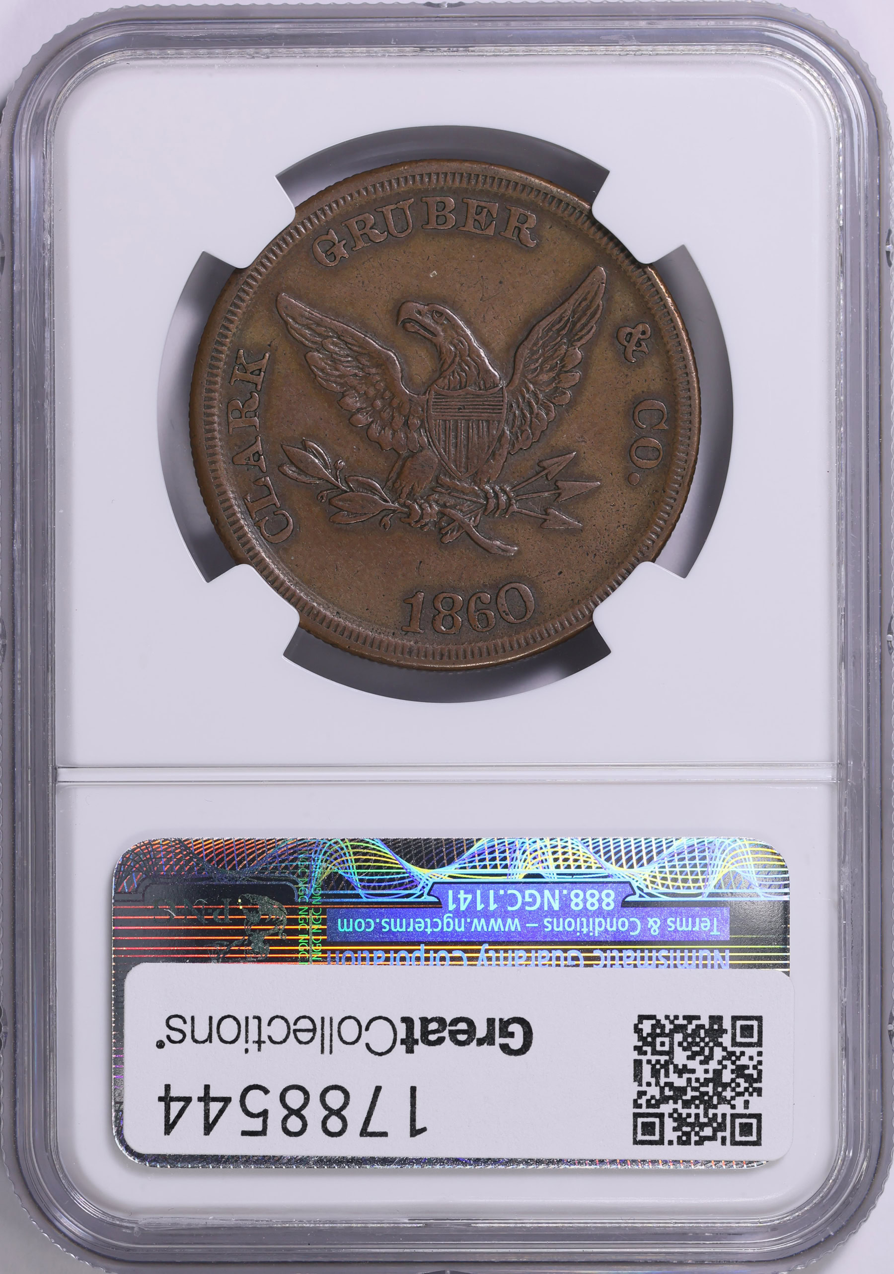 1860 $20 Clark, Gruber & Co. Copper Pattern K-4a NGC XF-45 BN