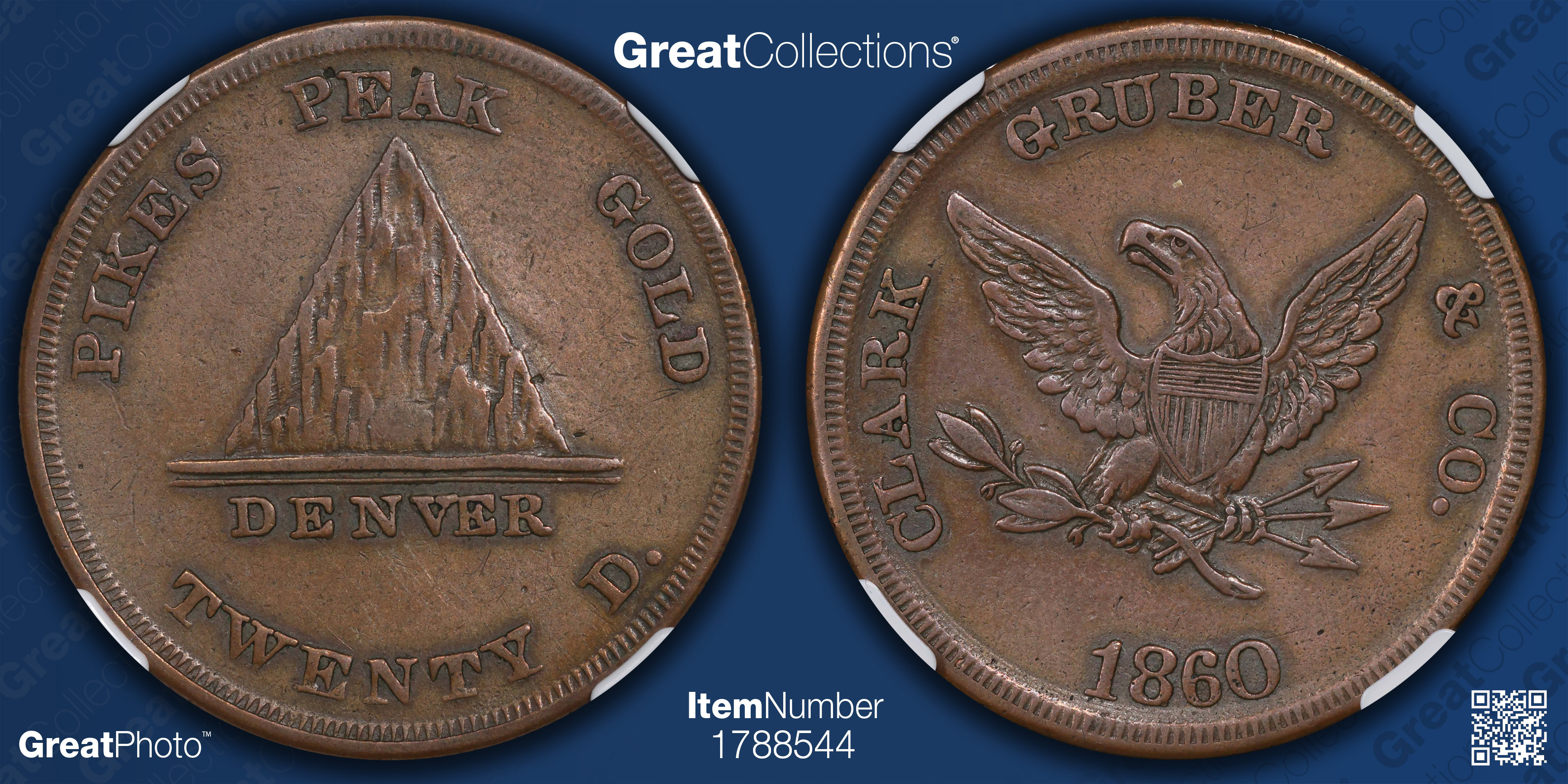 1860 $20 Clark, Gruber & Co. Copper Pattern K-4a NGC XF-45 BN