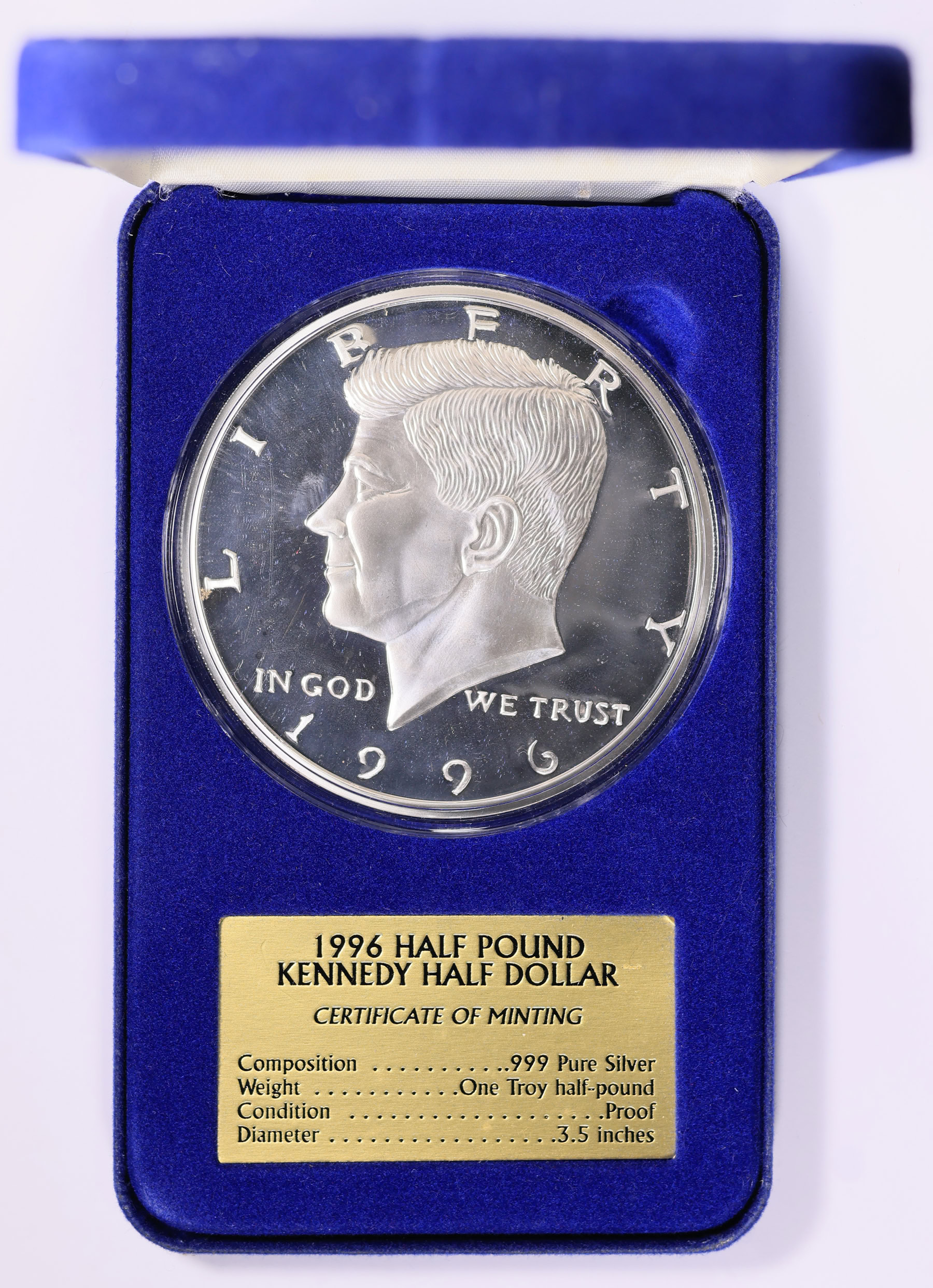 1996 Kennedy Silver Half Pound Proof Private Mint Medal