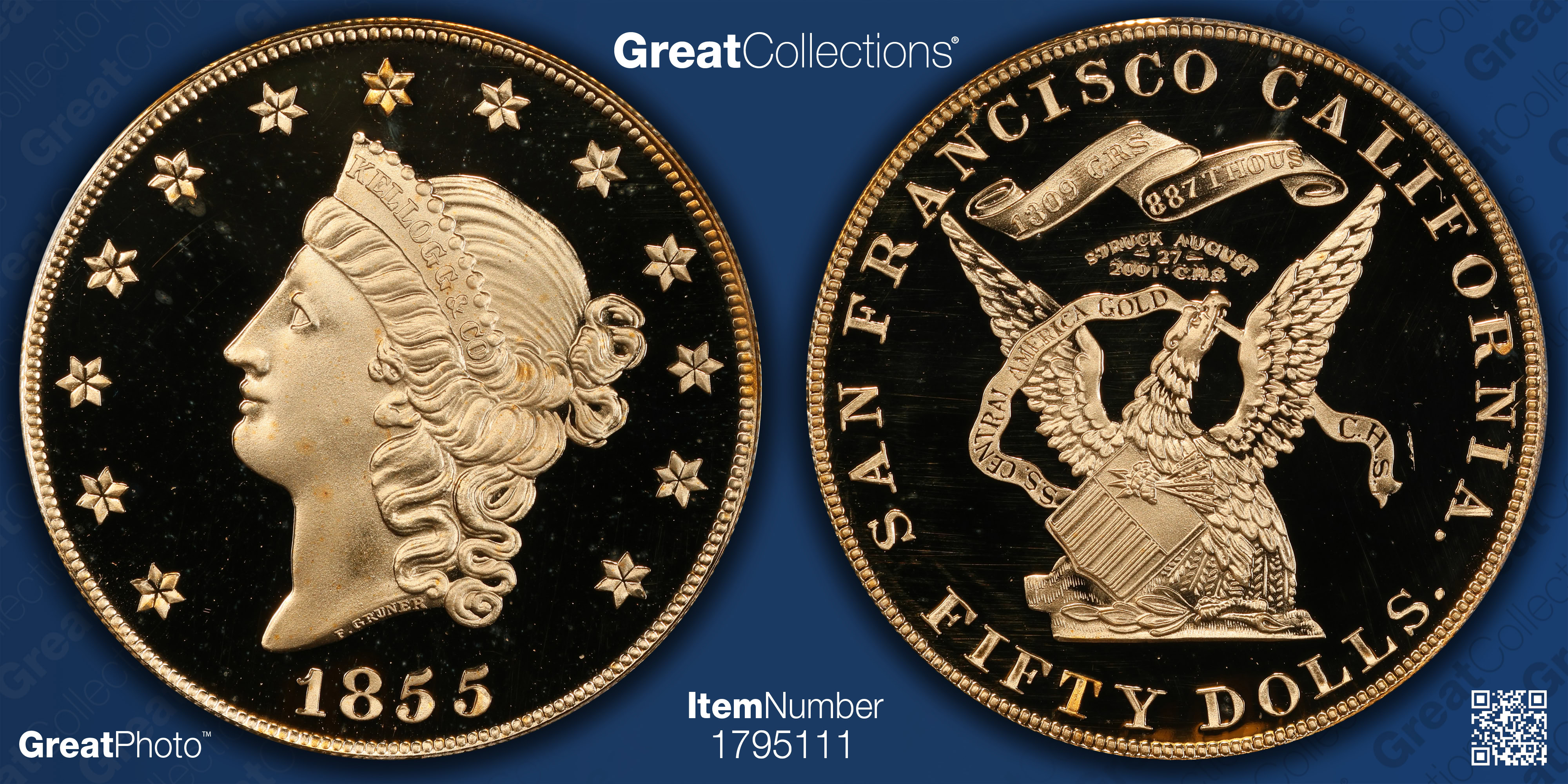 1855 Kellogg Gold $50 Commemorative Restrike Shipwreck S.S.