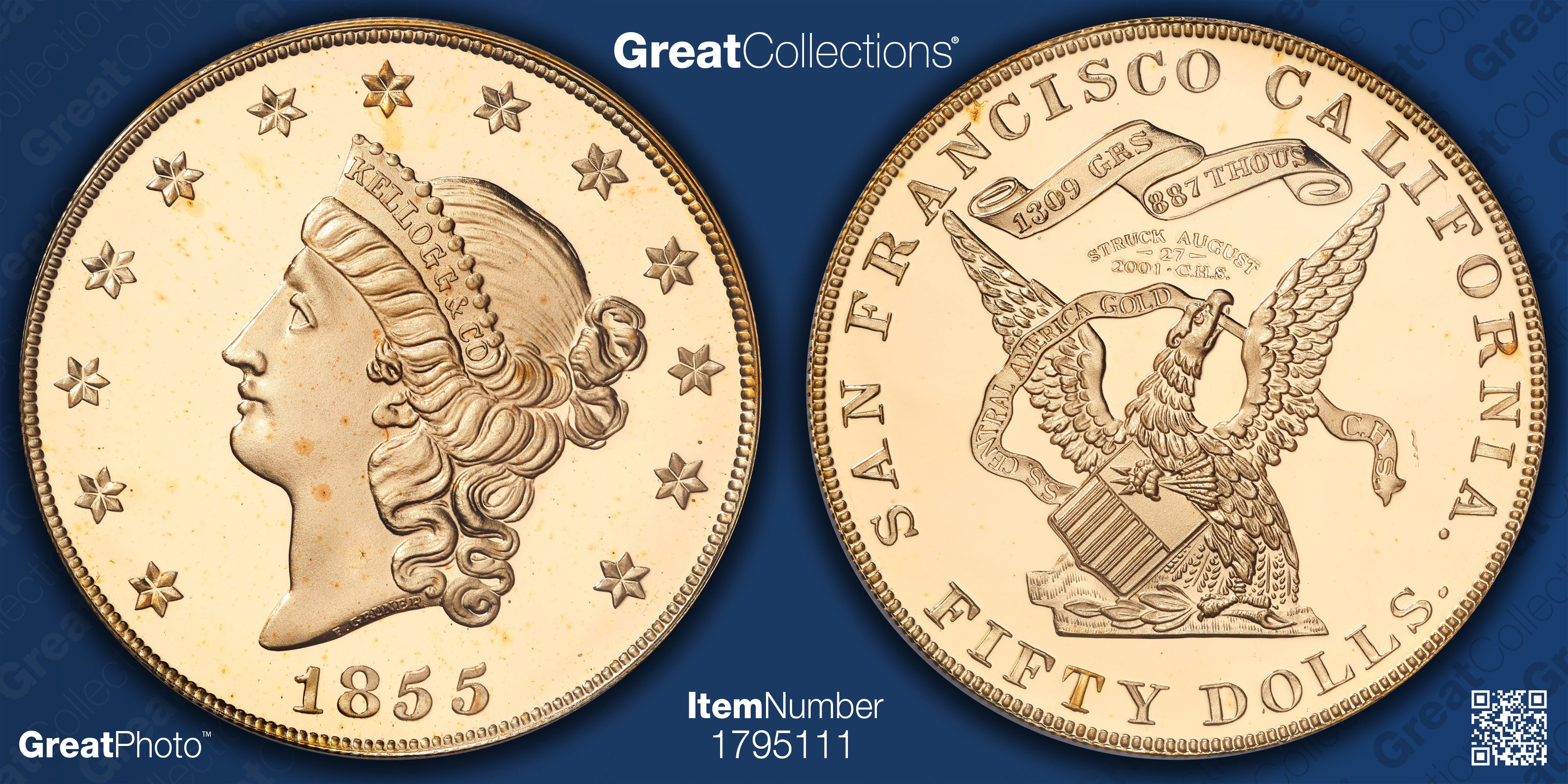 1855 Kellogg Gold $50 Commemorative Restrike Shipwreck S.S.