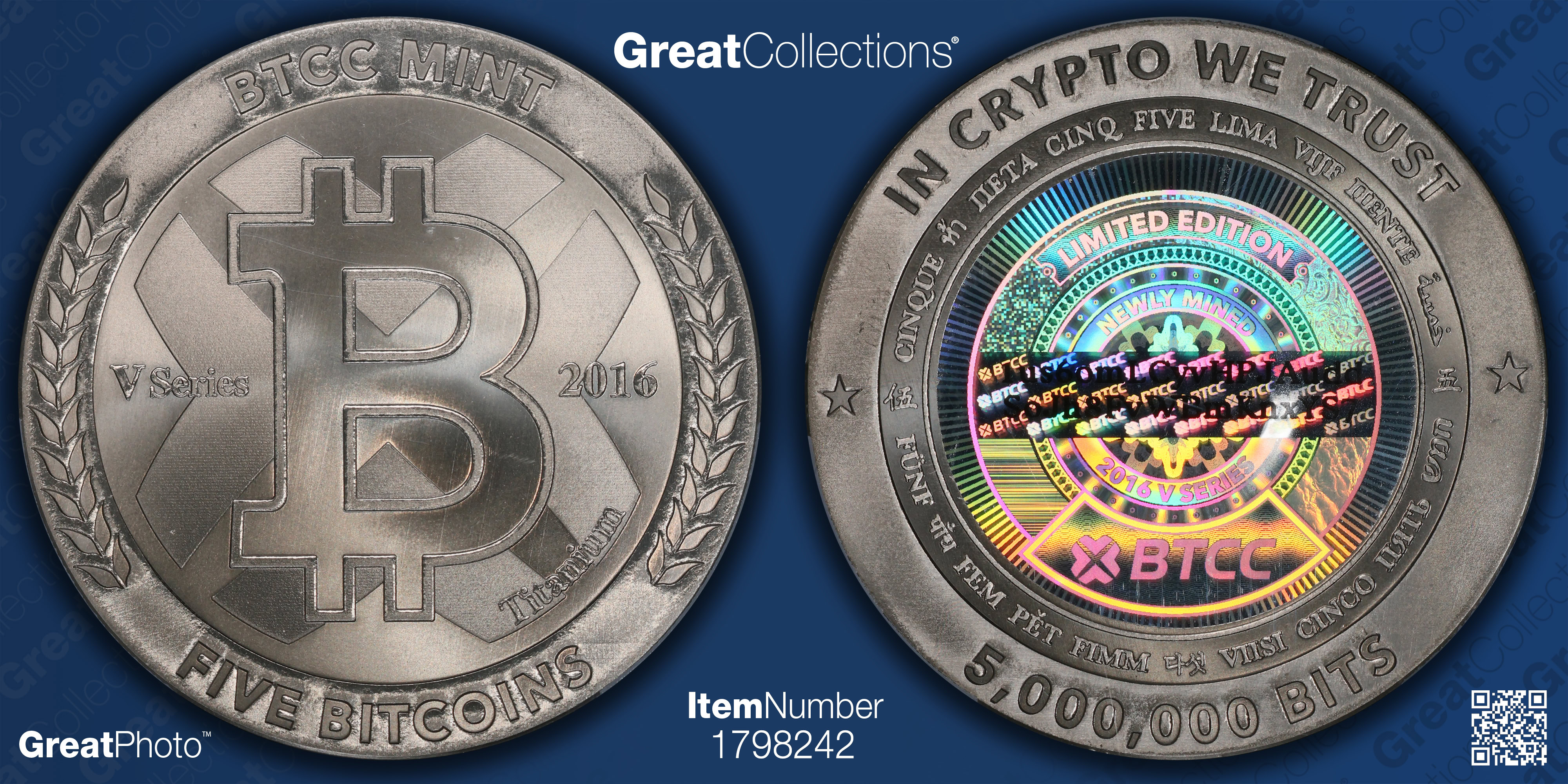 2016 5 BTC BTCC Titanium Physical Bitcoin PCGS MS-68 (Item 1798242 ...