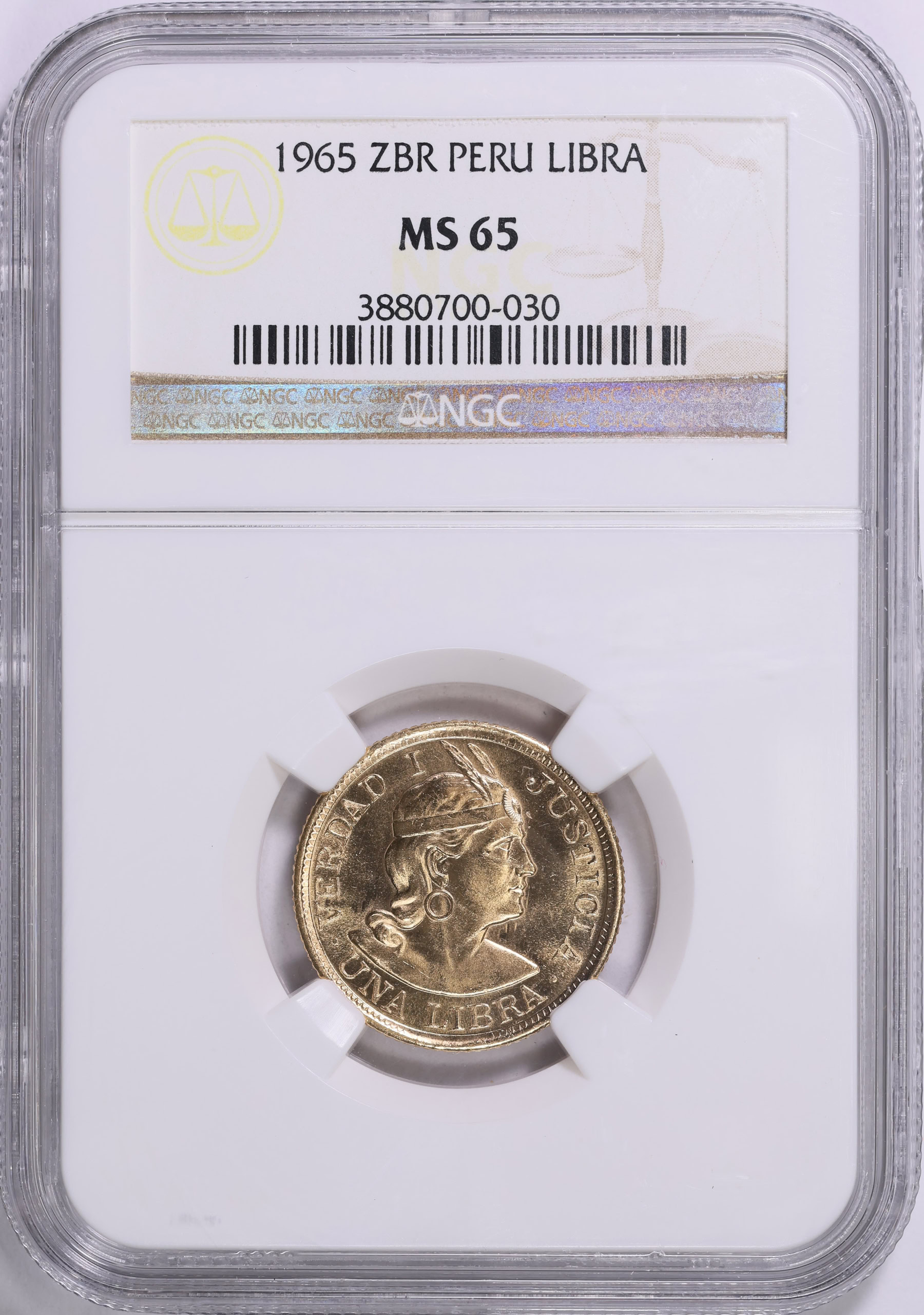 Peru 1965-ZBR Gold Libra KM-207 NGC MS-65 (AGW = 0.2355 oz.) (Item