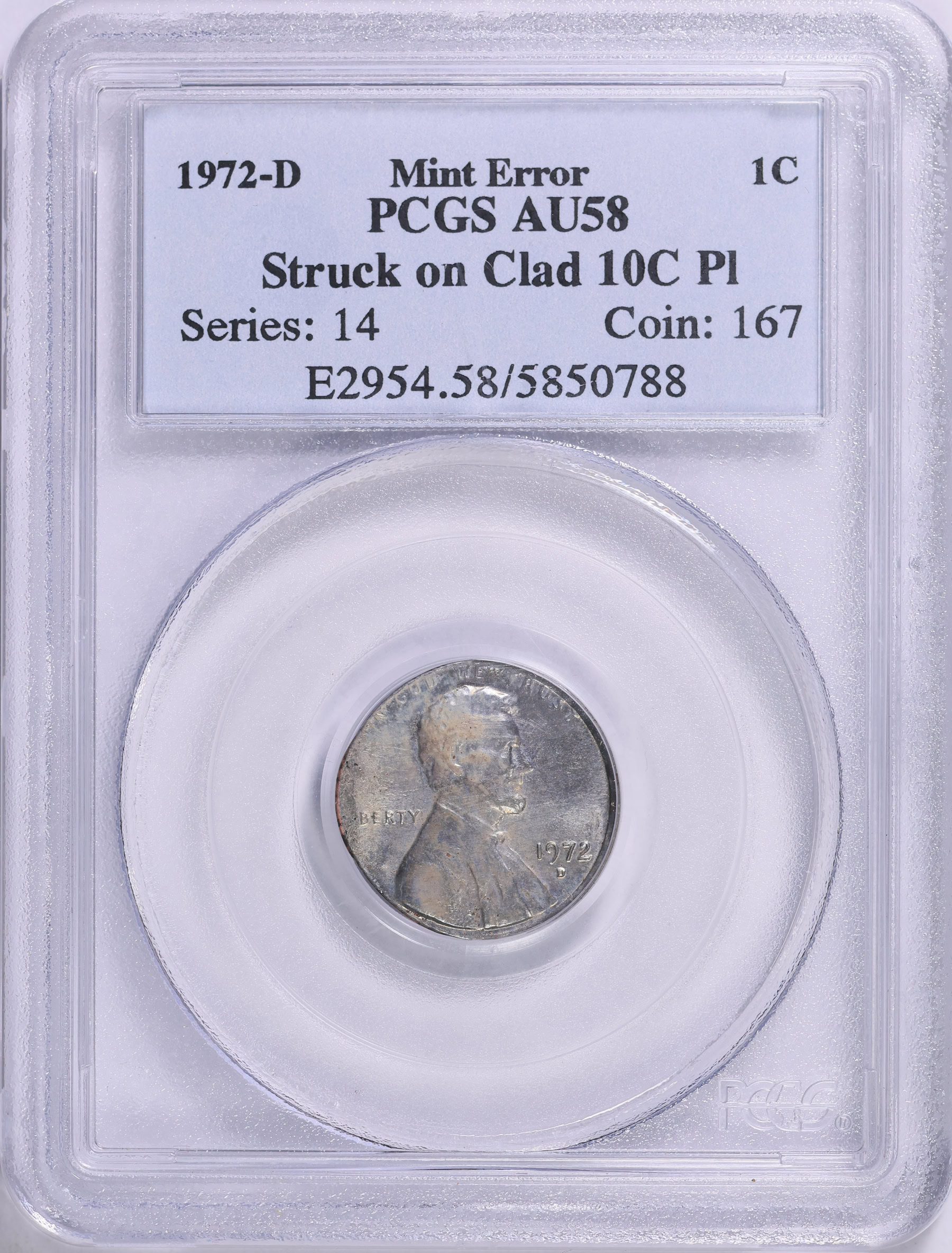 Mint Error 1972-D Lincoln Cent Struck on Clad 10c Planchet PCGS AU-58 ...