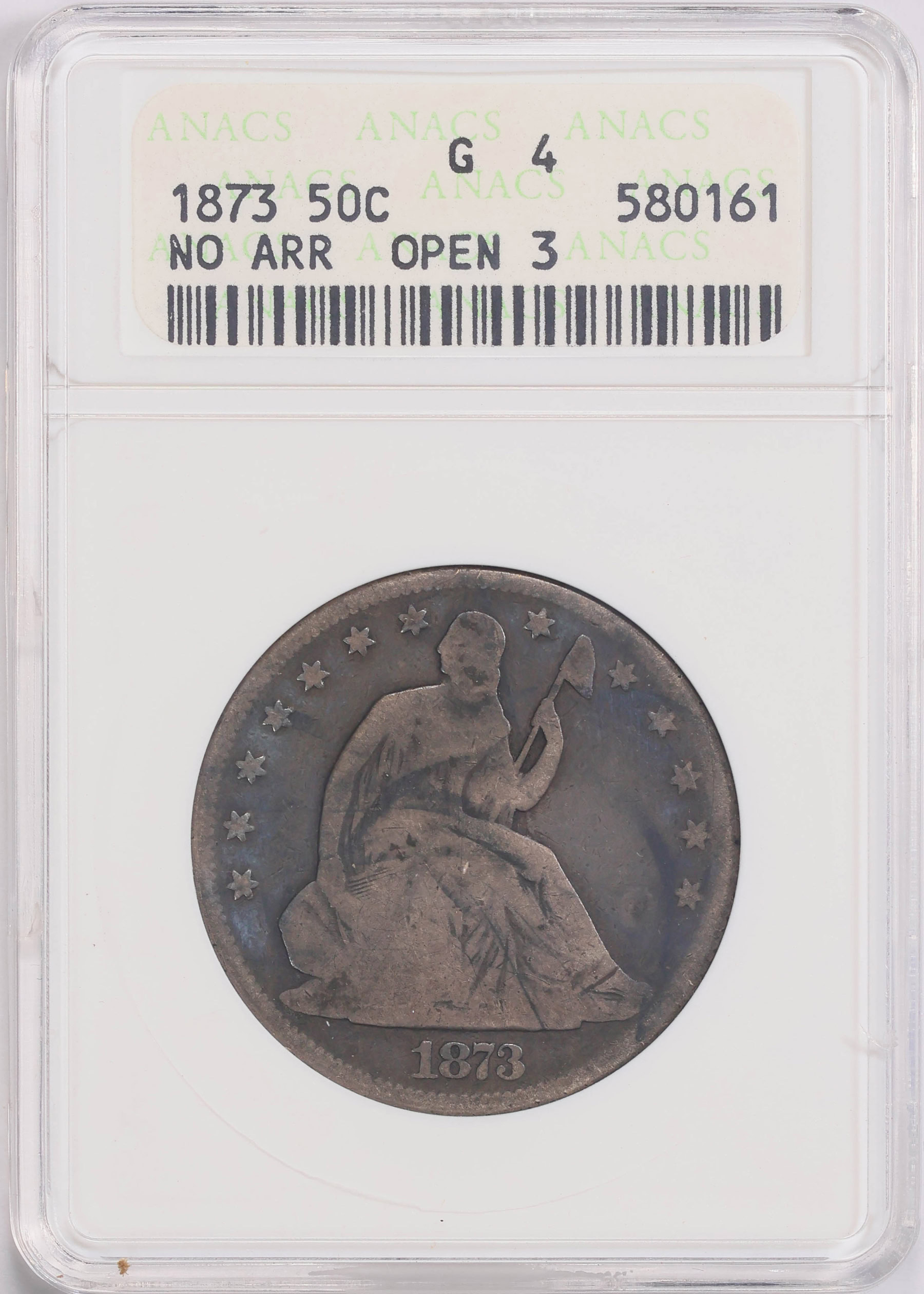 THE SCREWD 自主 7inch 和モノ レア 1873 Seated Liberty Half Dollar No Arrows, Open 3 ANACS G-04 OH