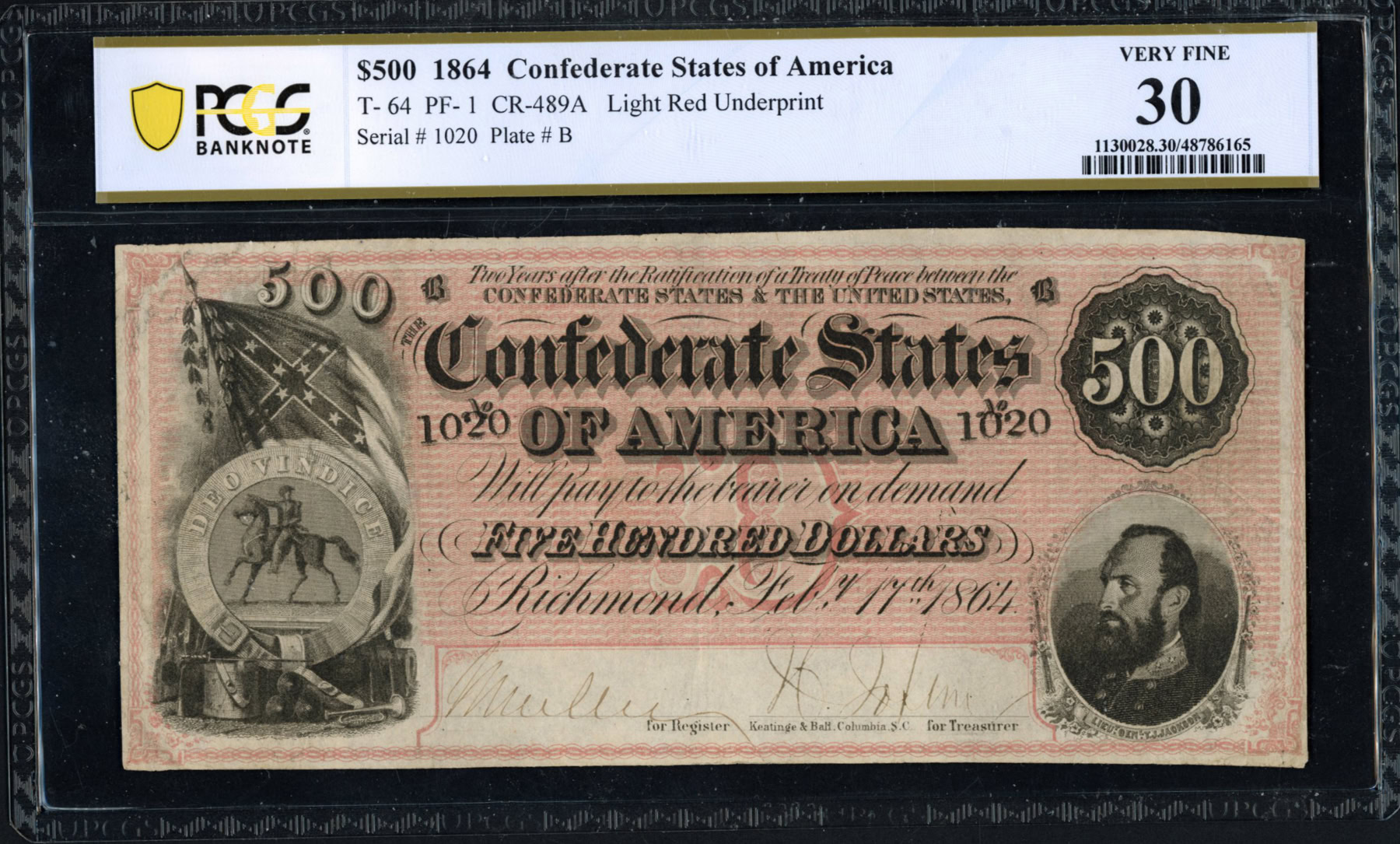 T-64 Confederate States of America 1864 $500 Note PCGS Banknote Very ...