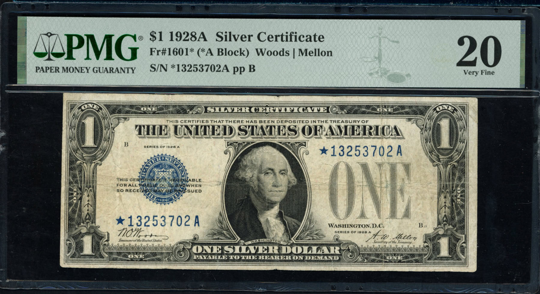 Fr. 1601* (*A Block) 1928A $1 Silver Certificate Star Note Woods ...