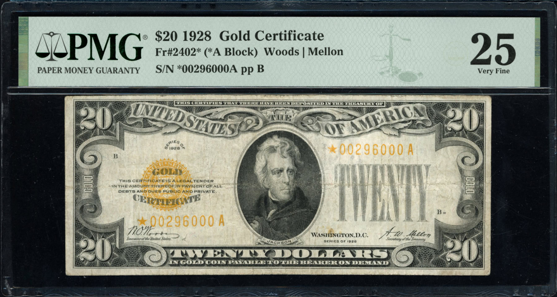 Fr. 2402* (*A Block) 1928 $20 Gold Certificate Star Note Woods / Mellon ...