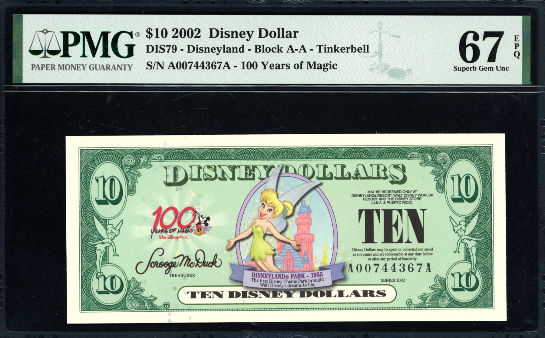 2002 Disneyland $10 Disney Dollar Tinkerbell / 100 Years of Magic