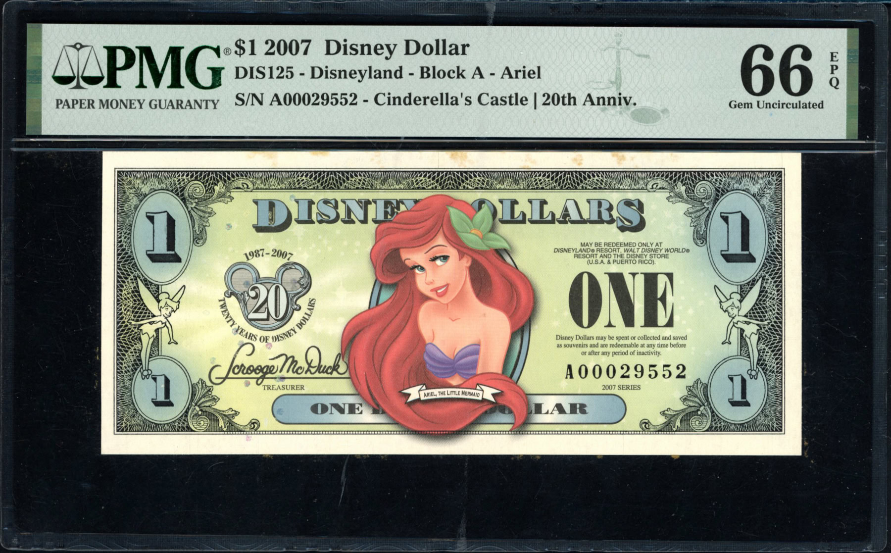 2007 Disneyland $1 Disney Dollar Ariel / Cinderella's Castle