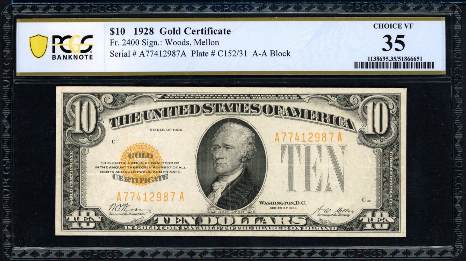 Fr. 2400 (AA Block) 1928 $10 Gold Certificate Note Woods / Mellon PCGS ...