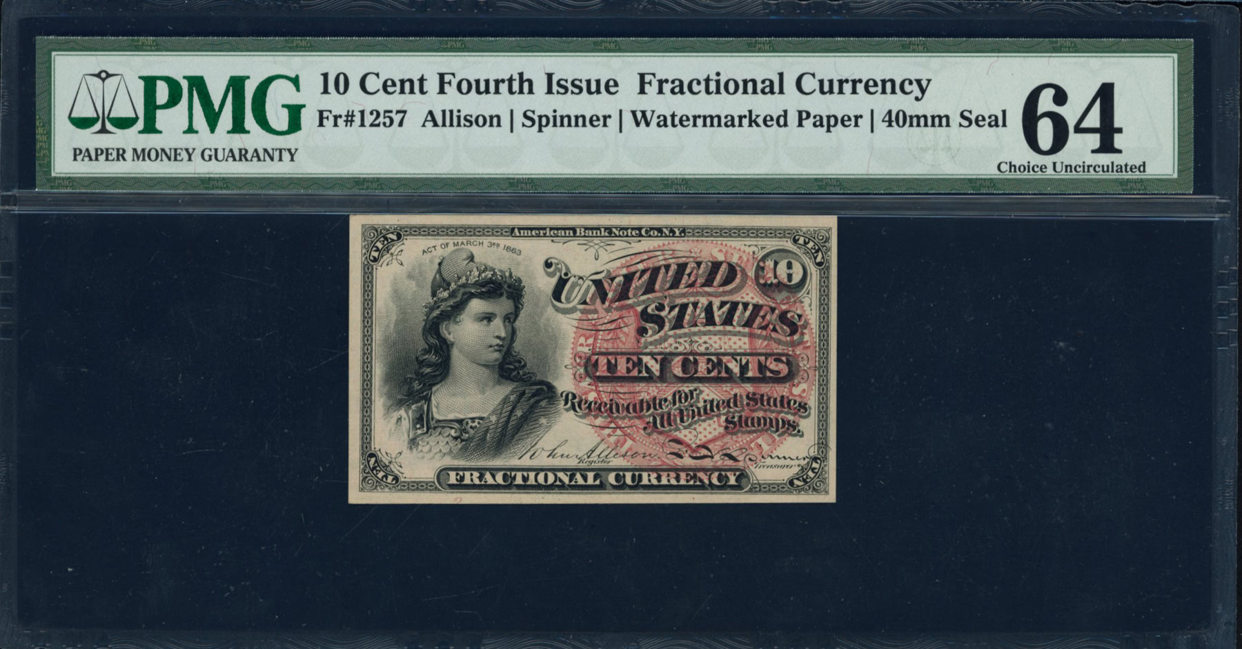 Fr. 1257 Fourth Issue 10 Cents Fractional Currency Note Allison ...