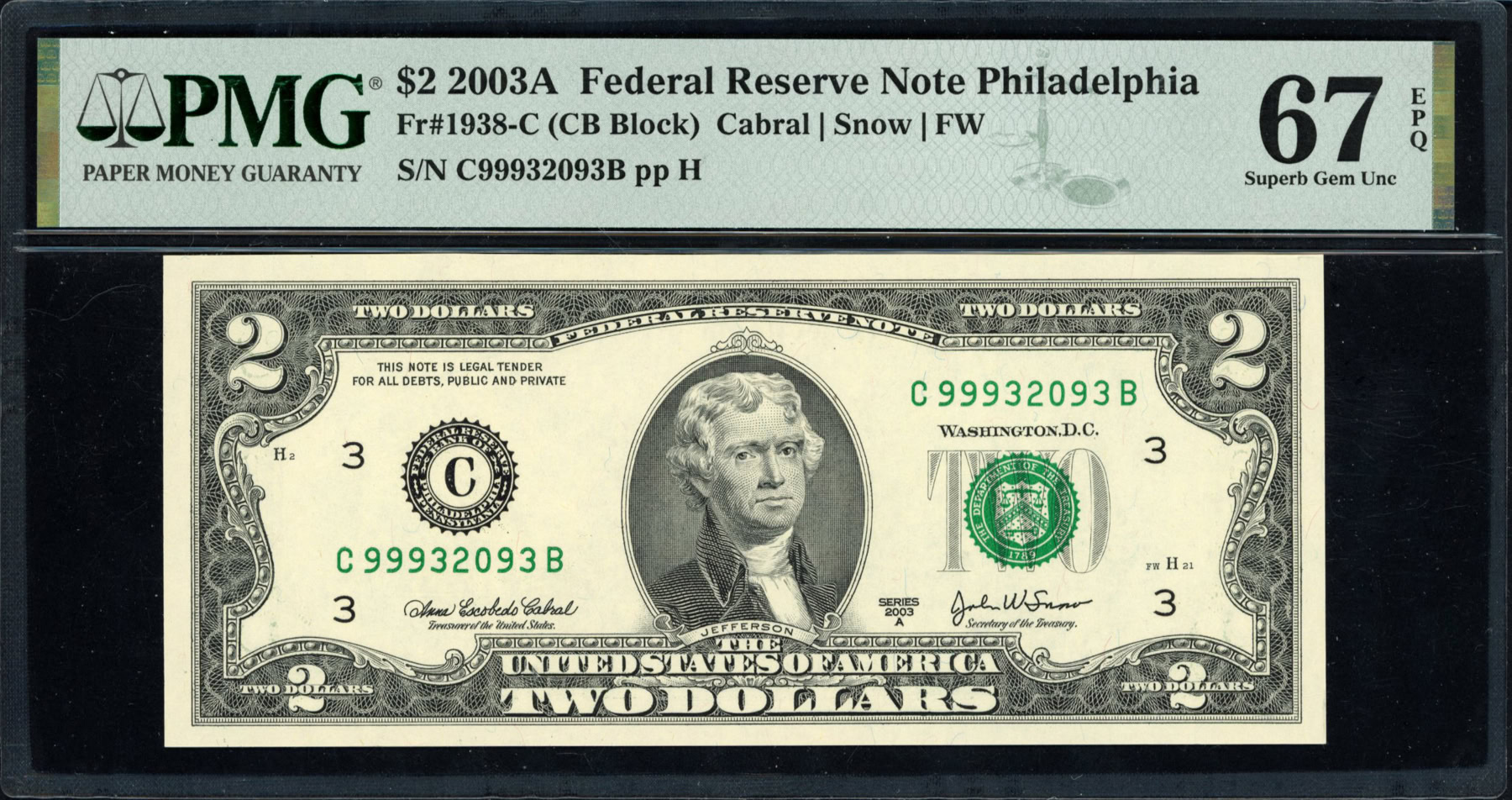 Fr. 1938-C (CB Block) 2003A $2 Philadelphia Federal Reserve Note Cabral ...