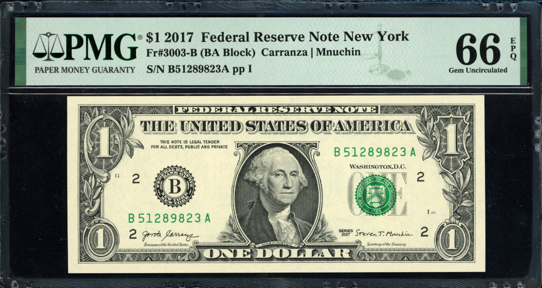 Fr. 3003-B (BA Block) 2017 $1 New York Federal Reserve Note Carranza ...