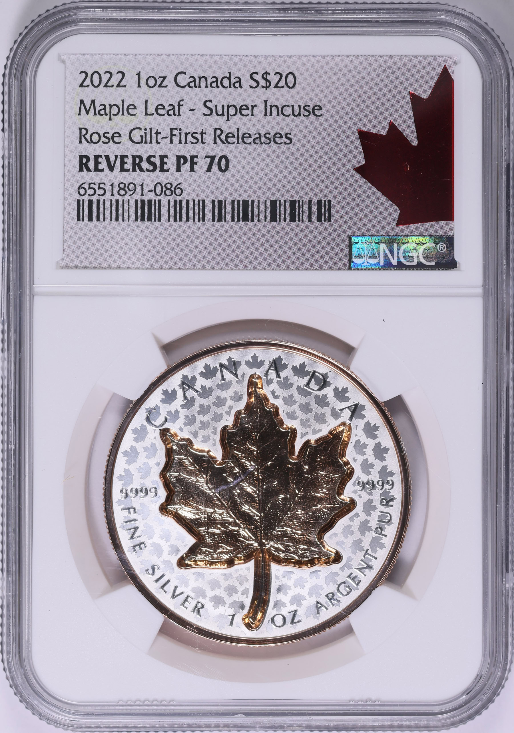 Canada 2022 Silver $20 Maple Leaf Super Incuse Rose Gilt Reverse