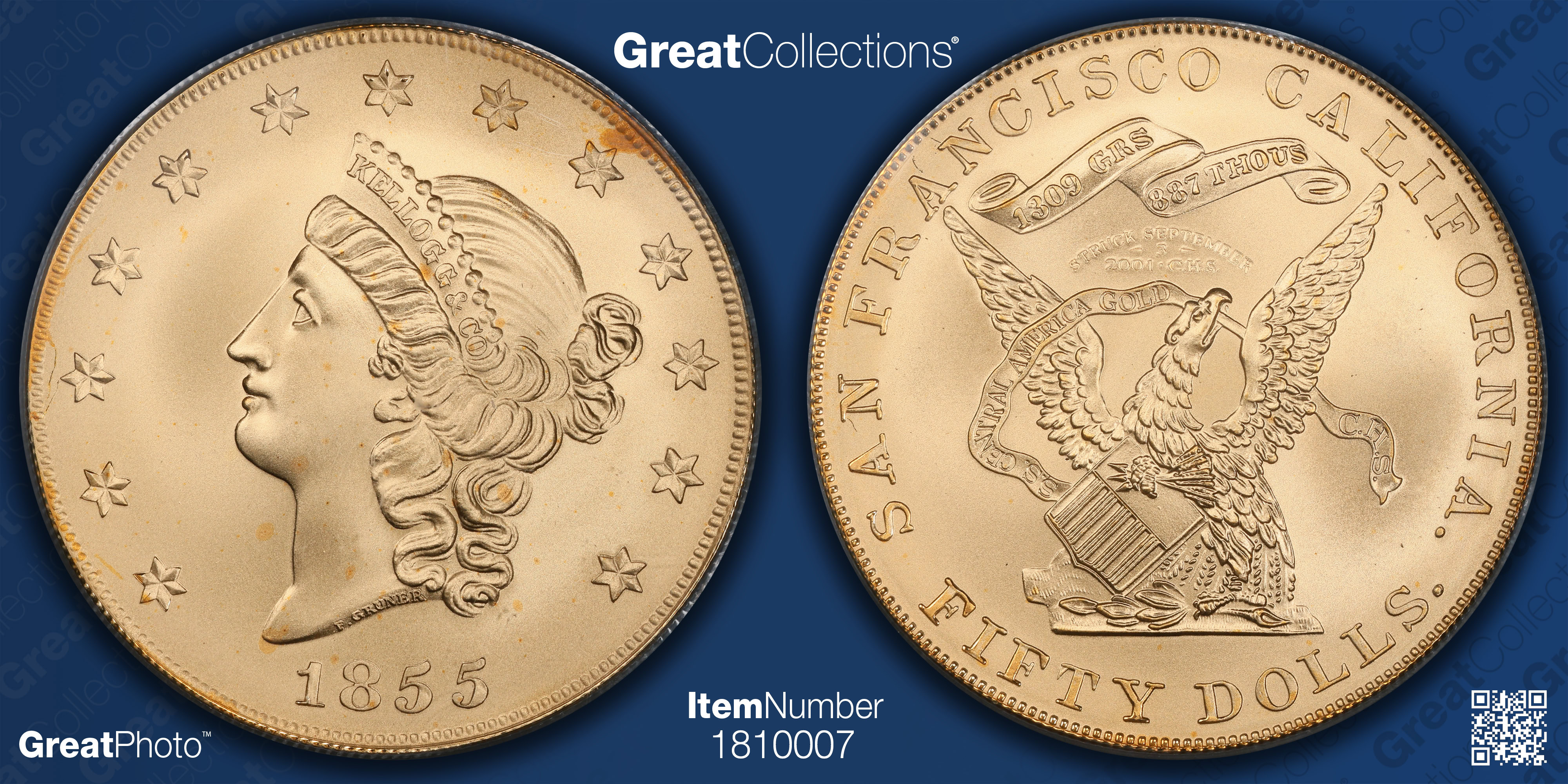 1855 Kellogg Gold $50 Commemorative Gold Restrike Shipwreck S.S.