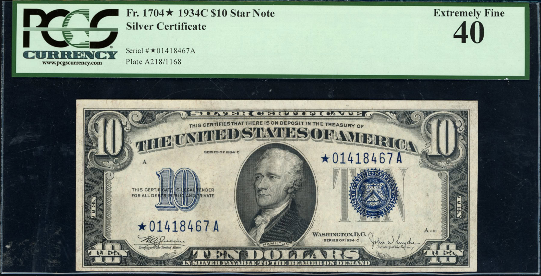 Fr. 1704* (*A Block) 1934C $10 Silver Certificate Star Note Julian ...