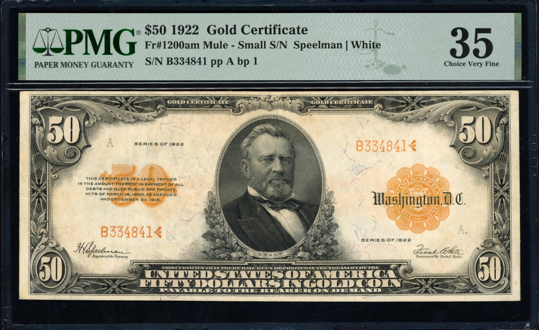 Mule Note Example Fr. 1200am 1922 $50 Gold Certificate Mule Note Speelman / White PMG ...