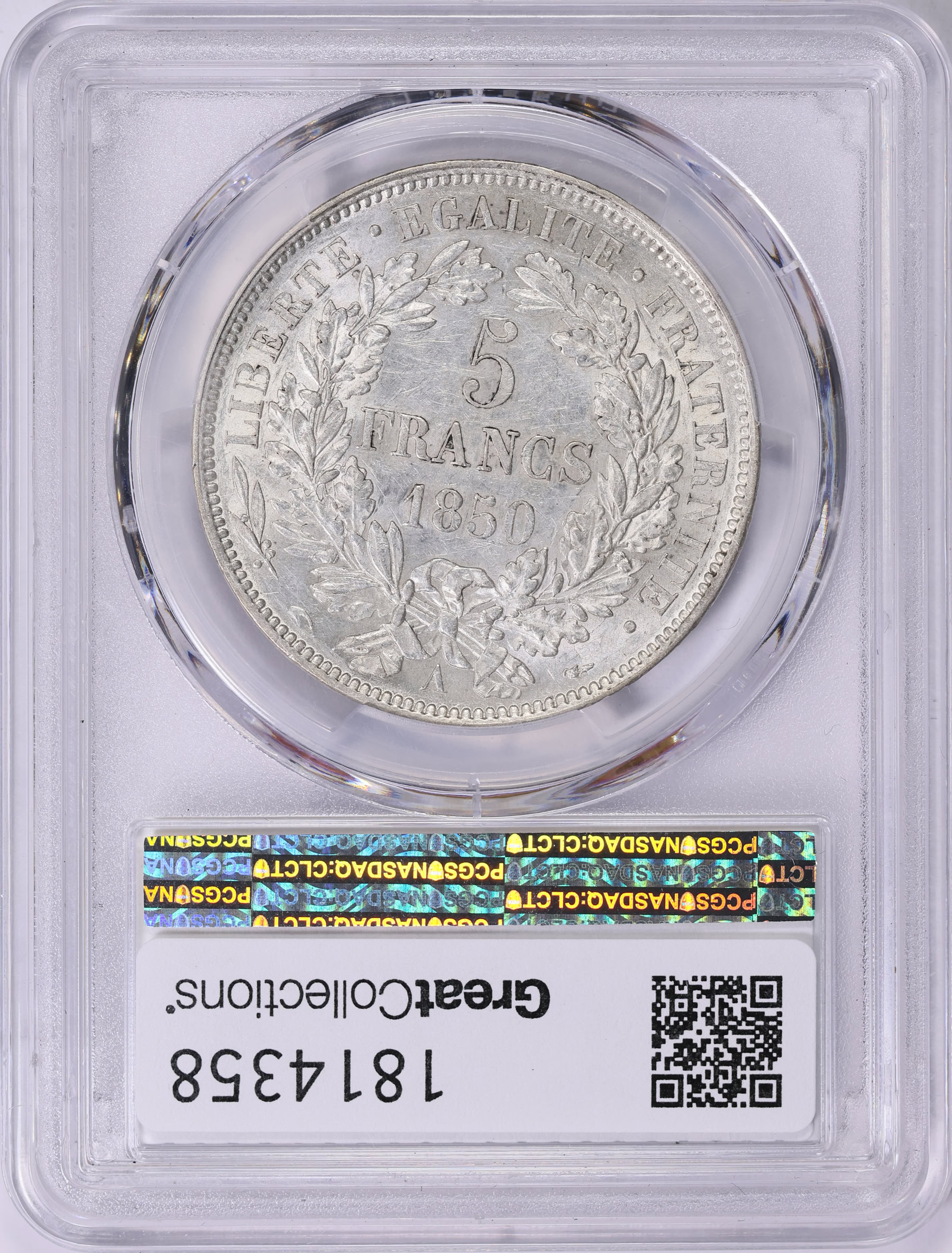 銀貨　 フランス　PCGS France 1850-A Silver 5 Francs KM-761.1 PCGS AU-53 (Item 1814358