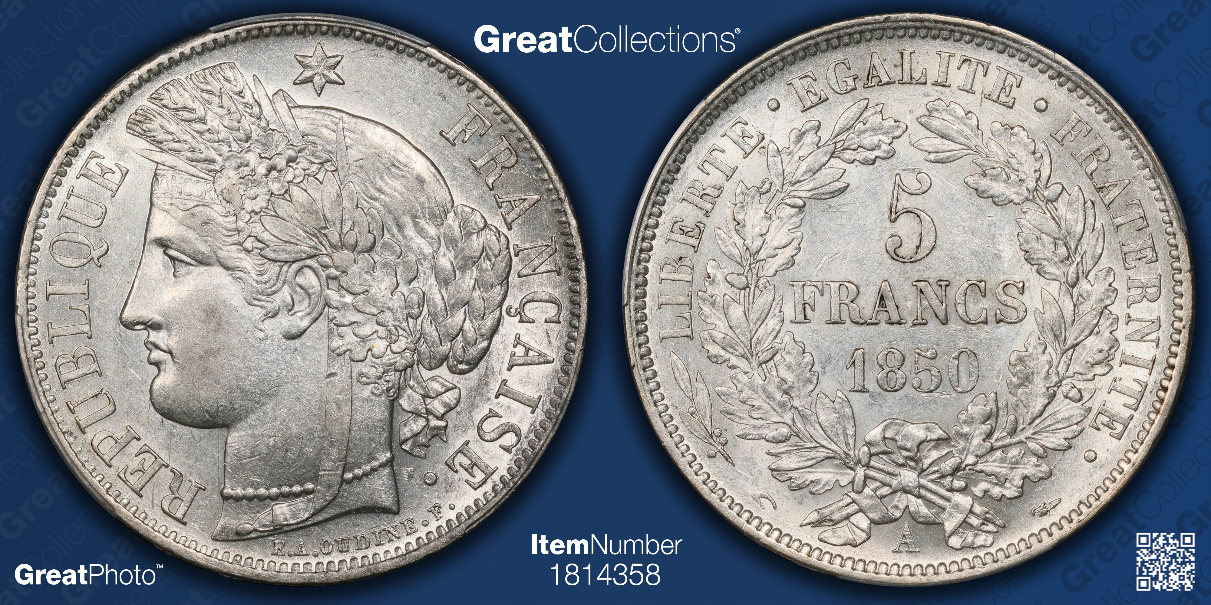 France 1850-A Silver 5 Francs KM-761.1 PCGS AU-53 (Item 1814358
