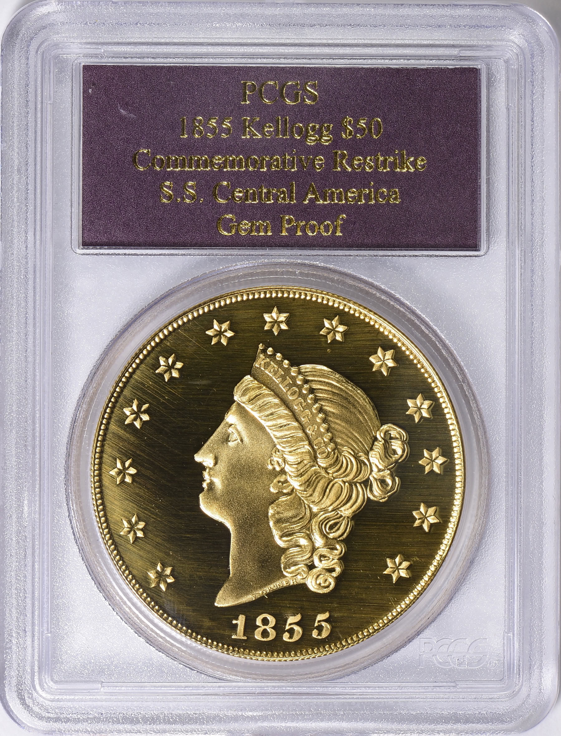 1855 Kellogg Gold $50 Commemorative Restrike Shipwreck S.S.