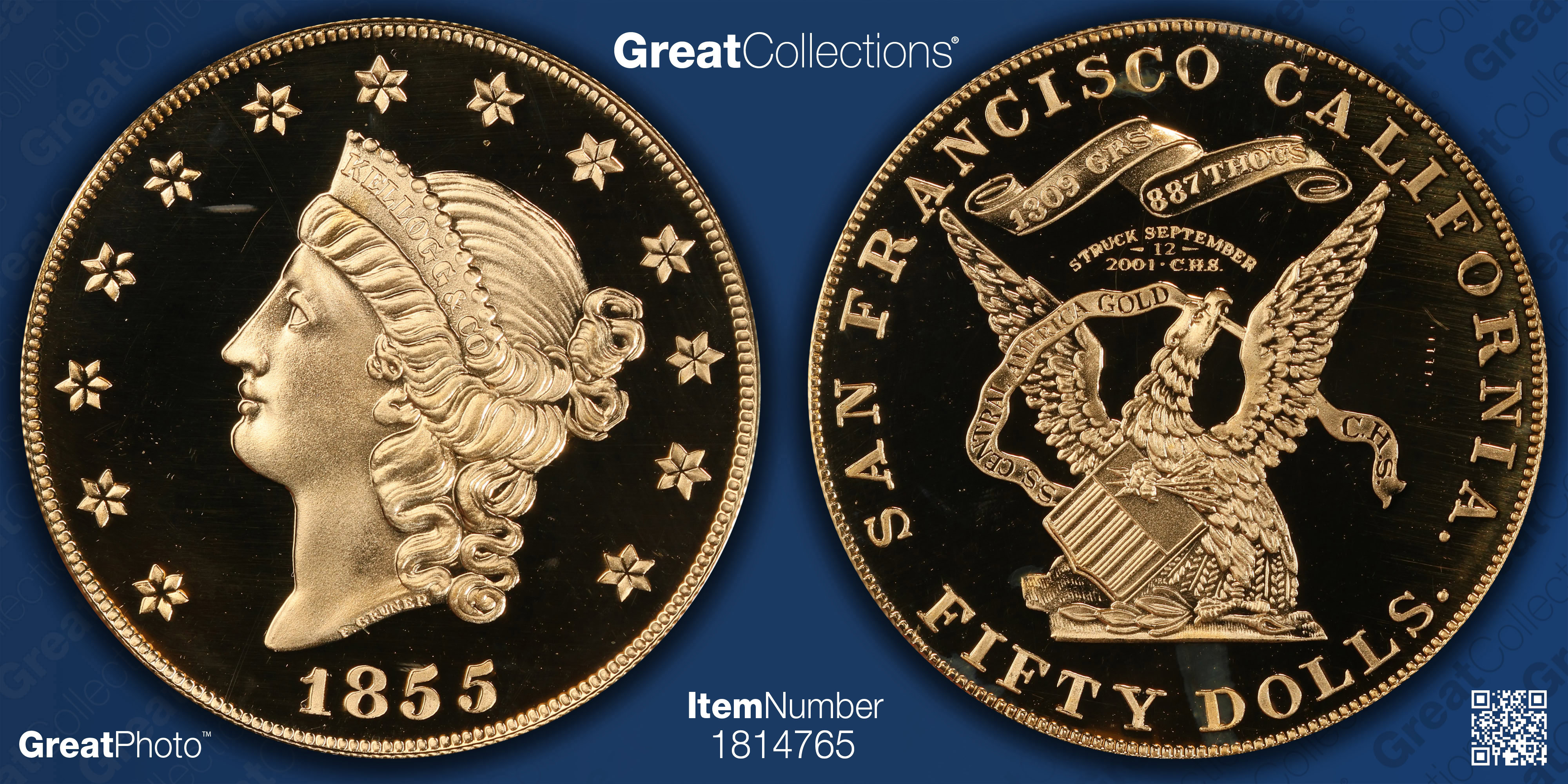 1855 Kellogg Gold $50 Commemorative Restrike Shipwreck S.S.