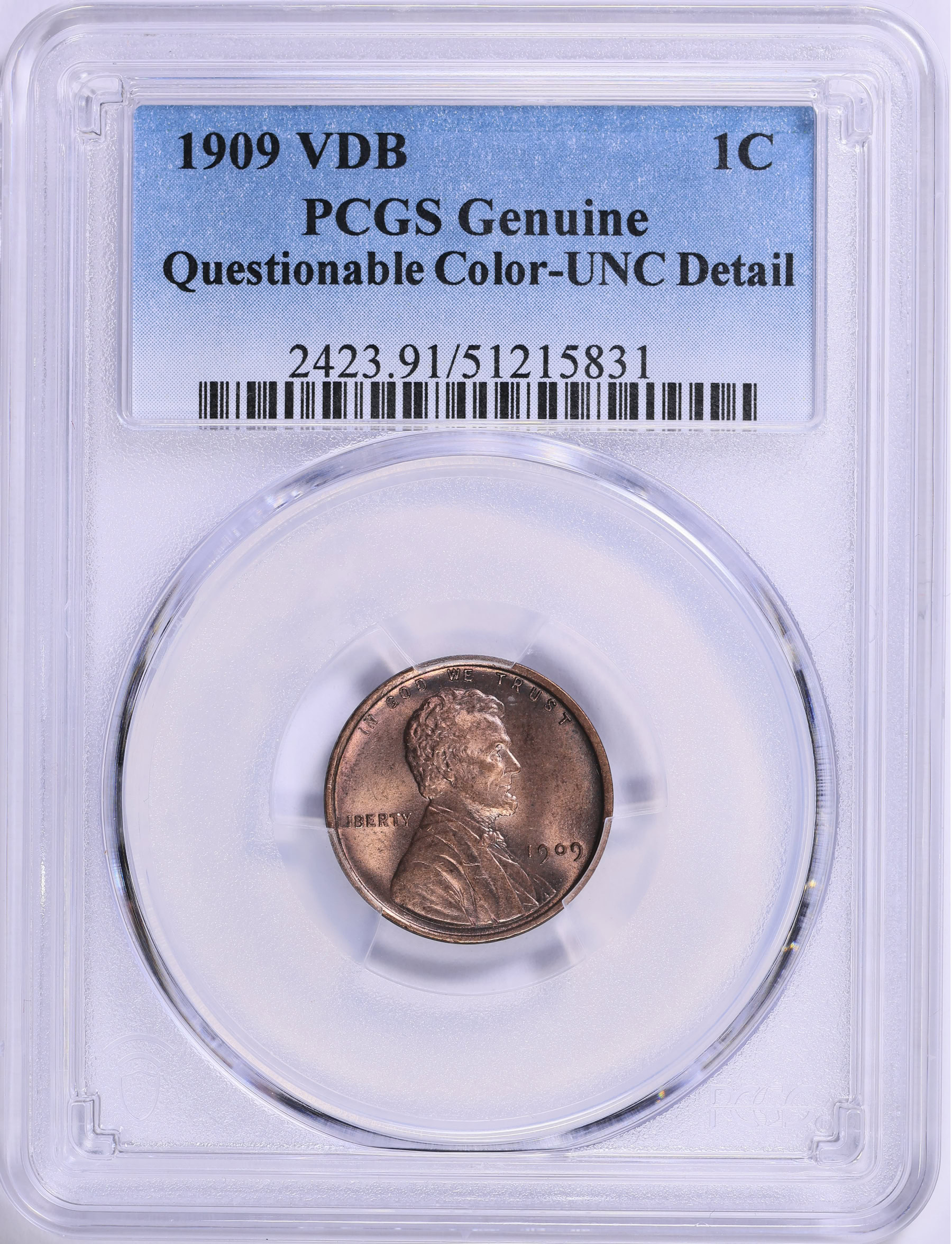 1909 Lincoln Cent V.D.B. PCGS Genuine Unc Details (Art. Toned) (Item ...