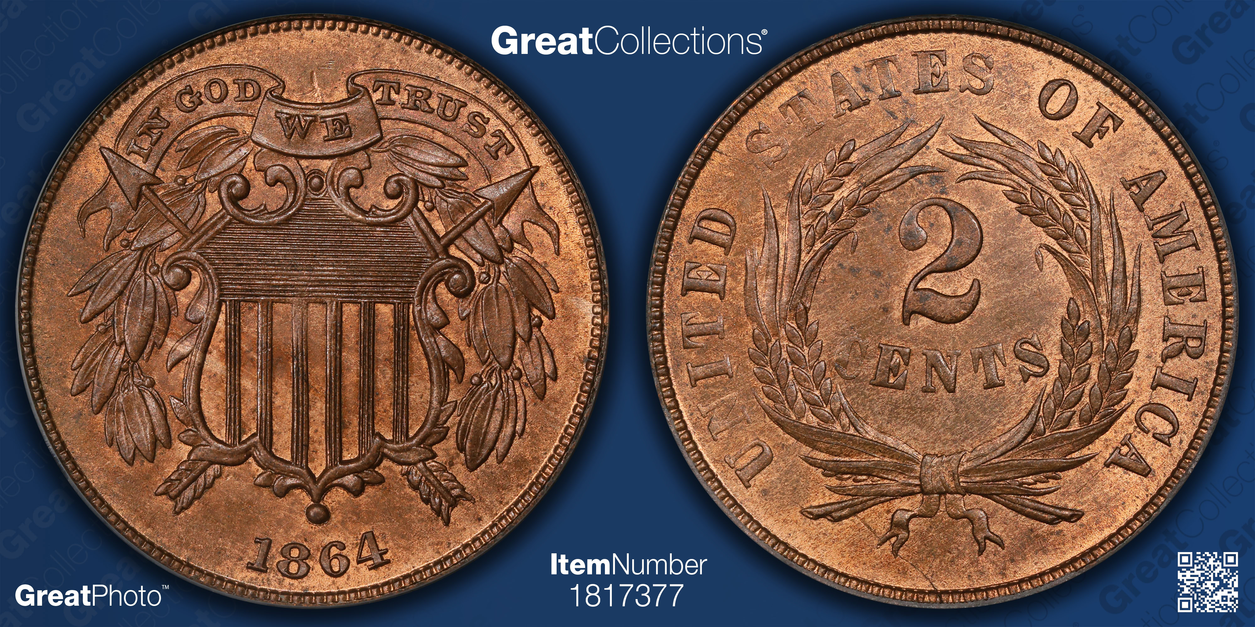 1864 Two-Cent Piece Small Motto PCGS MS-65 RB (CAC Green) (Item 1817377 ...