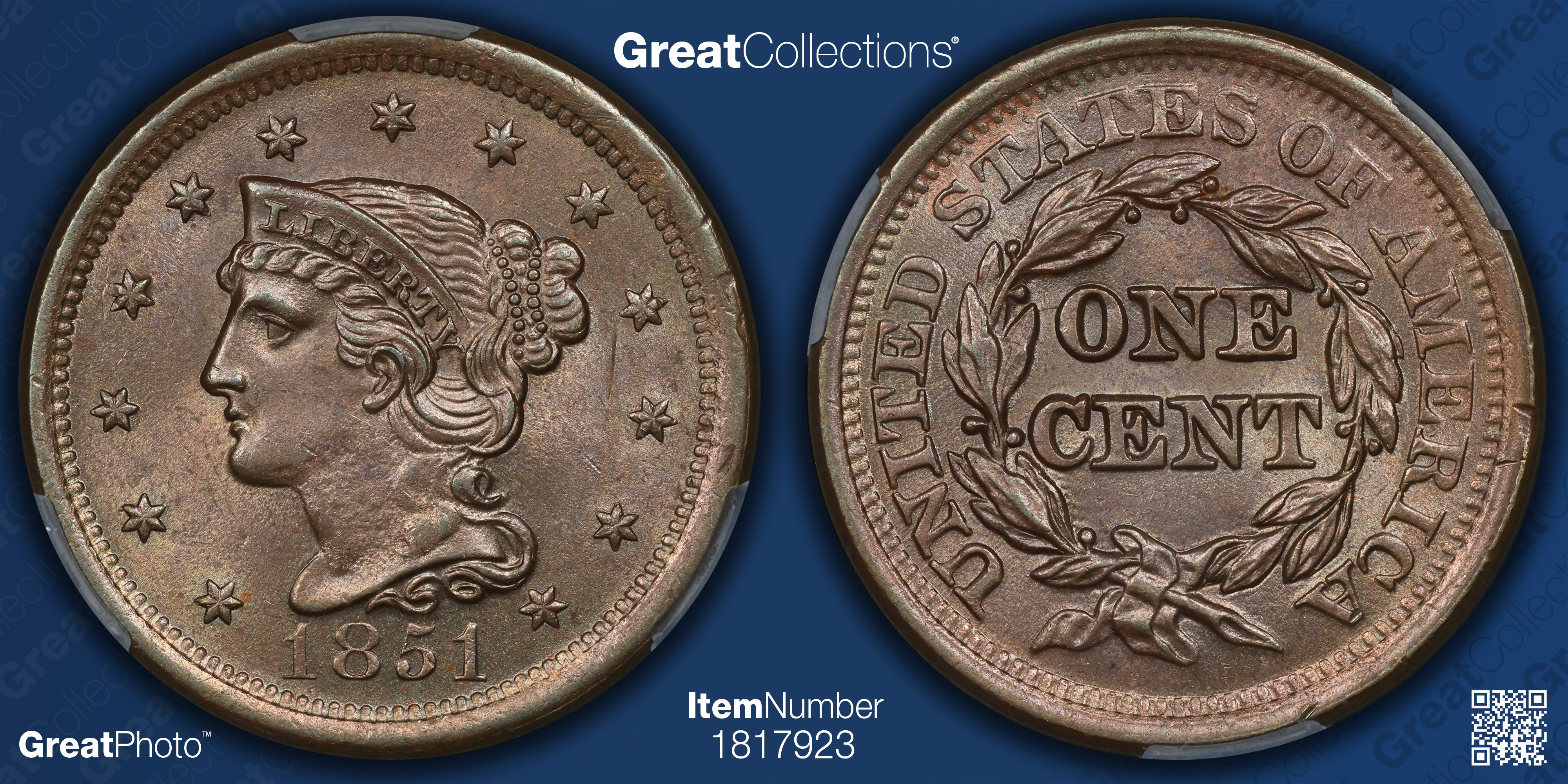 1851 Braided Hair Cent CACG MS-63 BN (Item 1817923) | GreatCollections ...