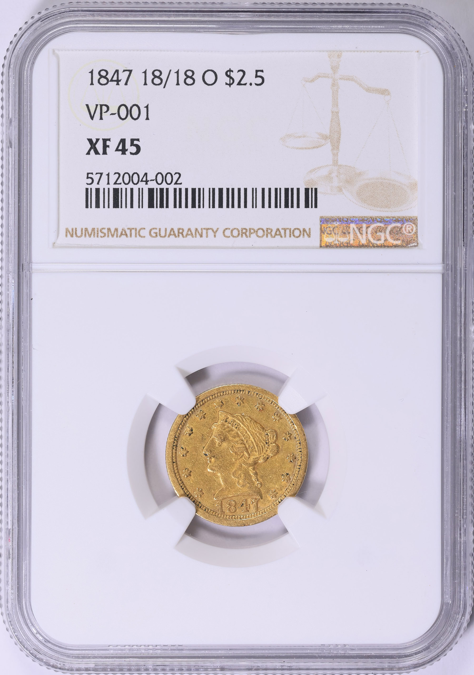 1847-O Liberty Gold Quarter Eagle 18/18 VP-001 NGC XF-45 | NGC Cert ...