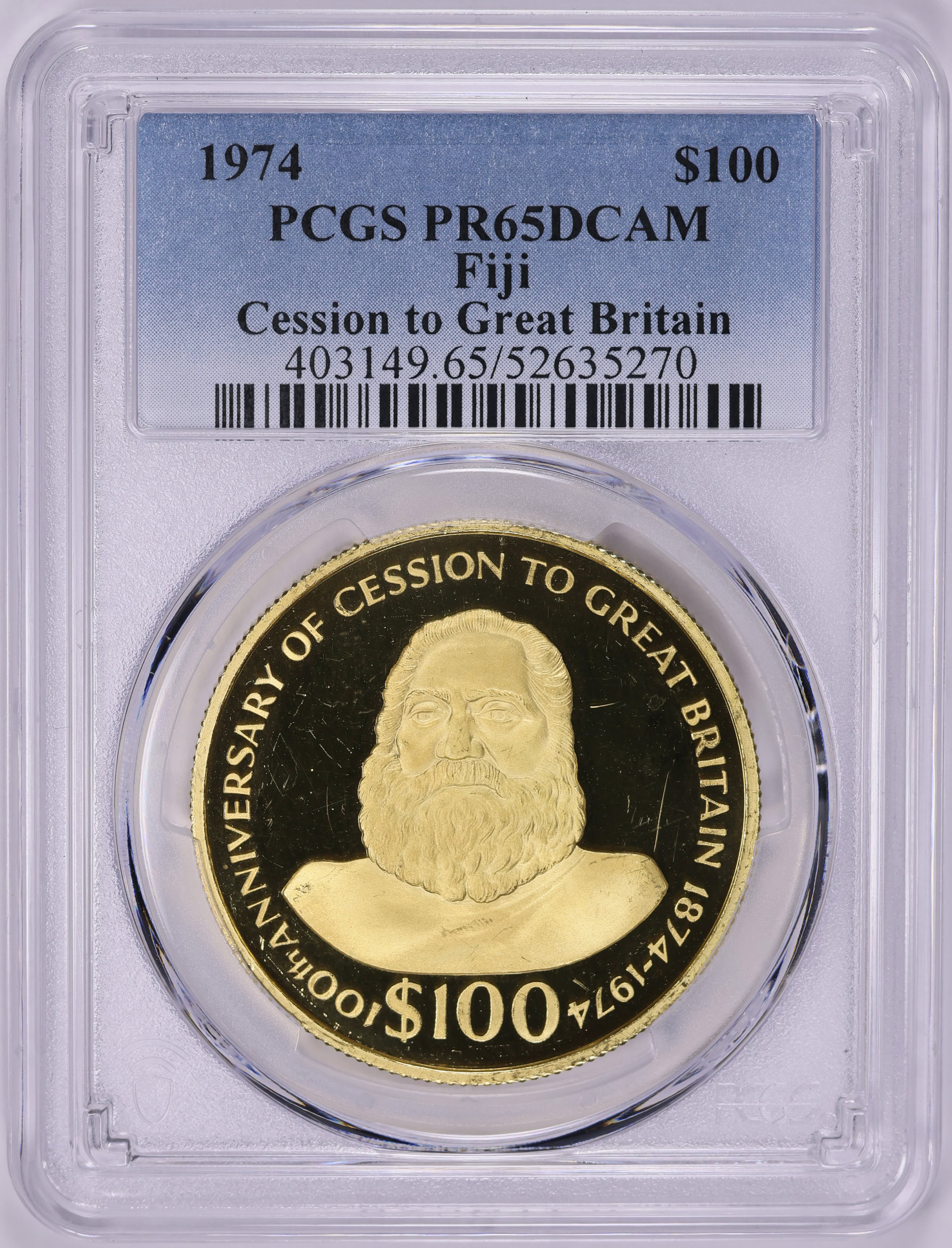 Fiji 1974 Gold $100 Cession to Great Britain 100th Anniversary KM